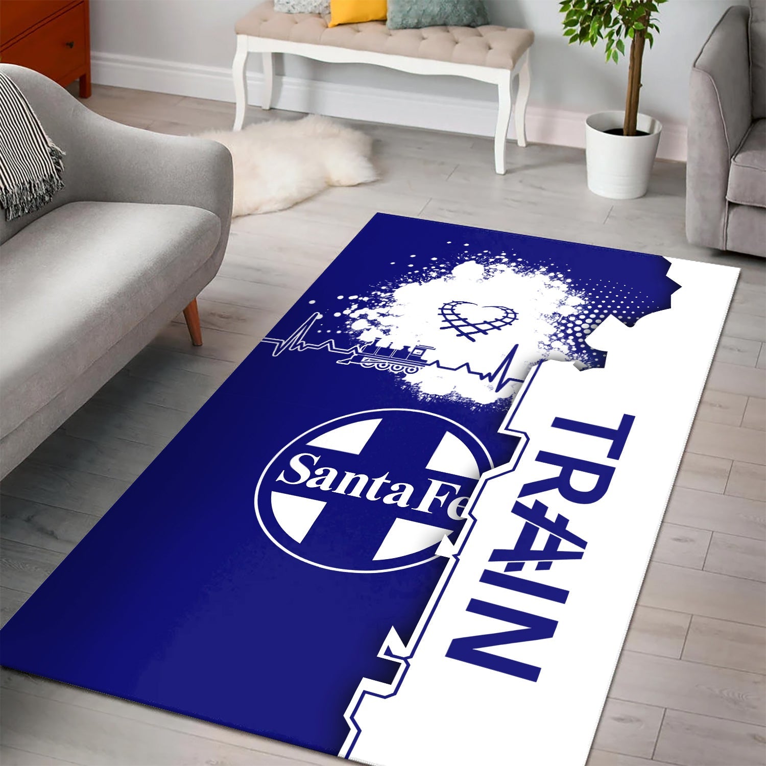 Railspirit Santa Fe Railway Area Rug Engine Heartbeat and Track Love Style Atchison, Topeka and Santa Fe Railway Rug Gift Idea For Train Lovers