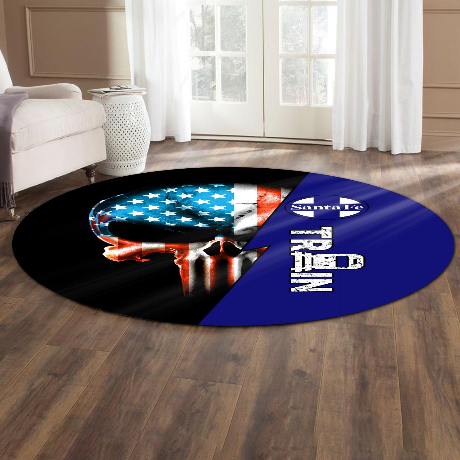 Railspirit Santa Fe Railway Round Mat Train Skull American Flag Style Atchison, Topeka and Santa Fe Railway Mat All Over Print