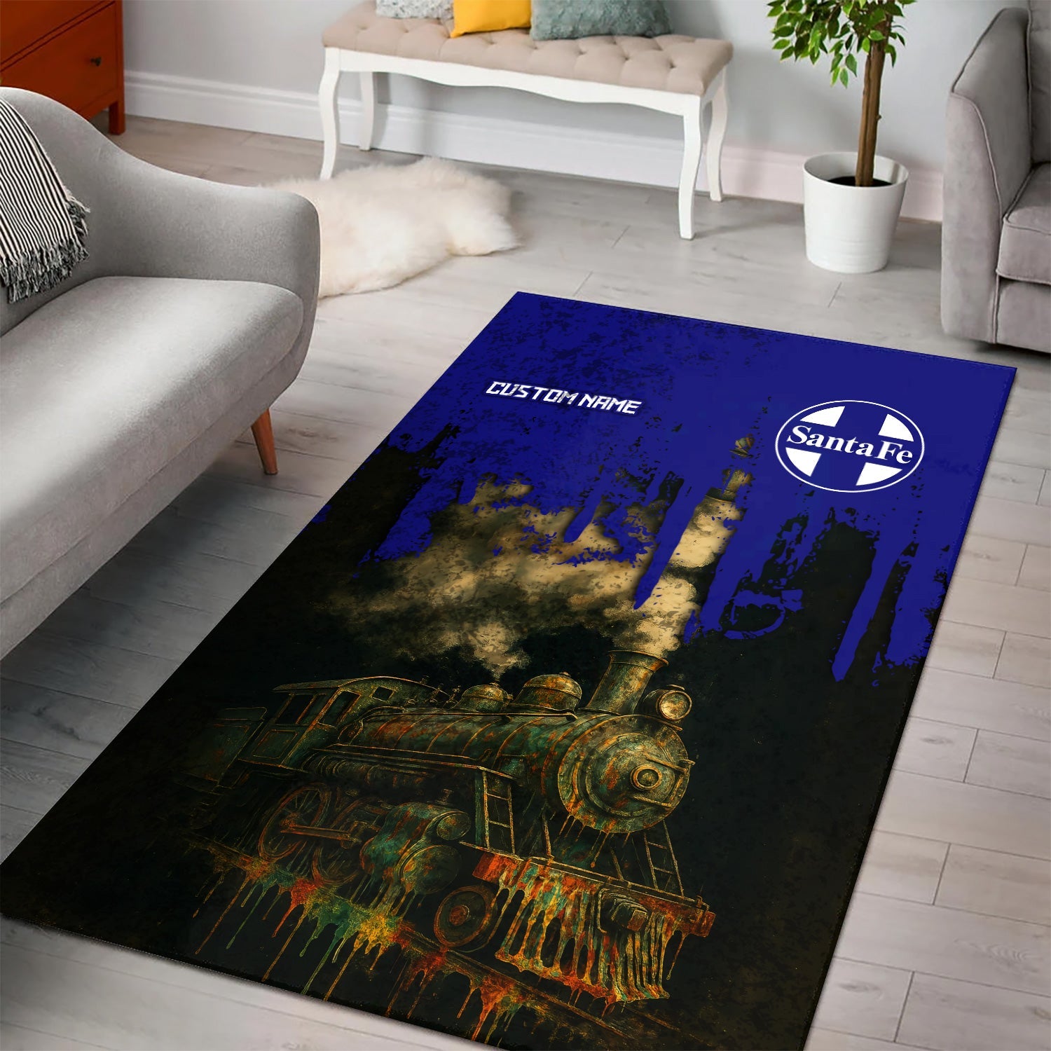 Railspirit Personalized Santa Fe Railway Area Rug Vintage Train Art Style Atchison, Topeka and Santa Fe Railway Rug For Locomotive Fans