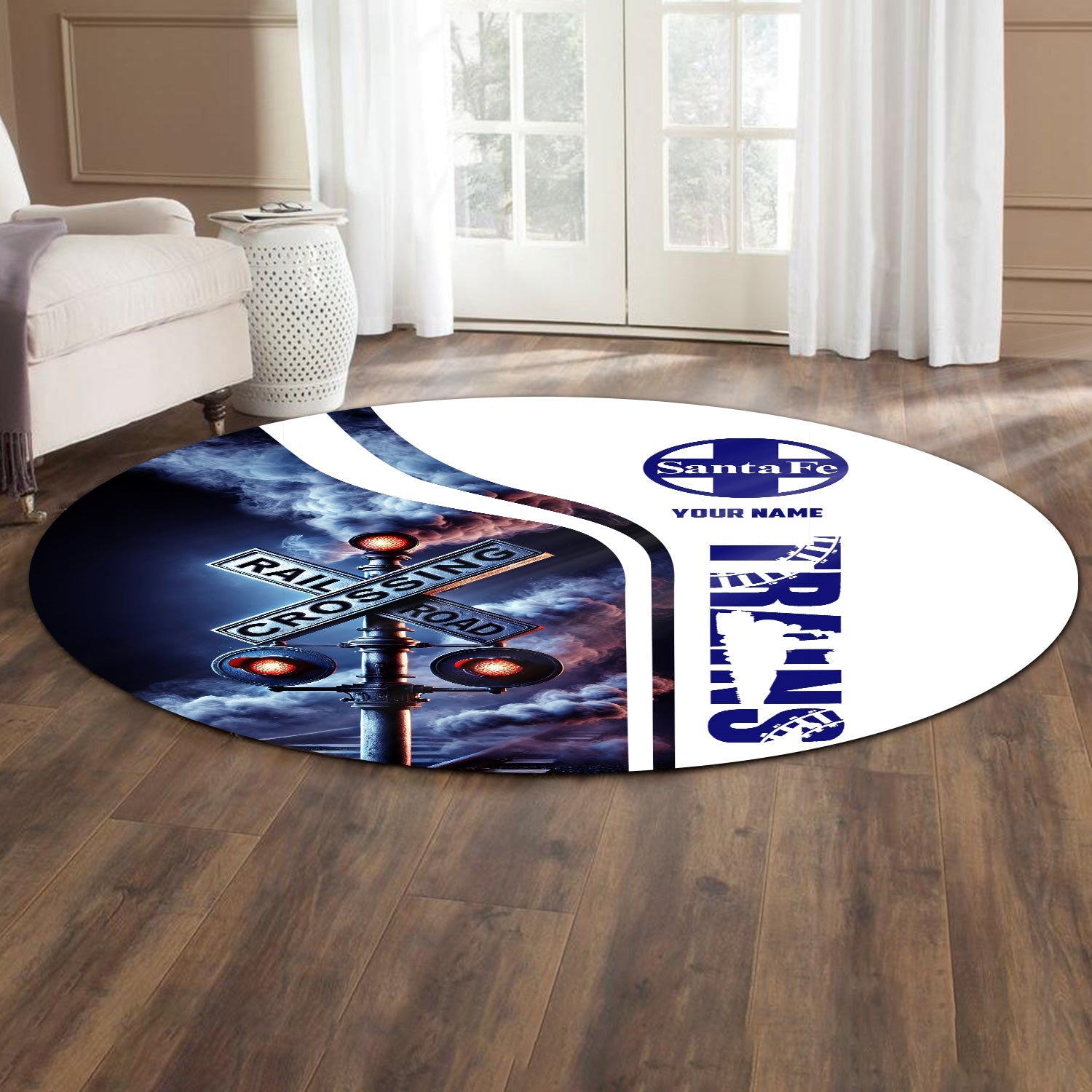 Railspirit Personalized Santa Fe Railway Round Mat Railroad Crossing Sign Atchison, Topeka and Santa Fe Railway Mat All Over Print