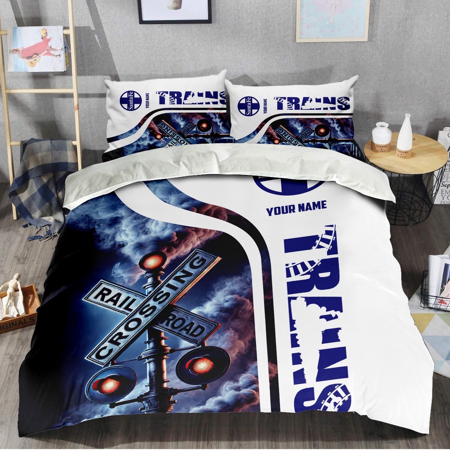 Railspirit Personalized Santa Fe Railway Bedding Set Railroad Crossing Sign Atchison, Topeka and Santa Fe Railway Bedding Set All Over Print