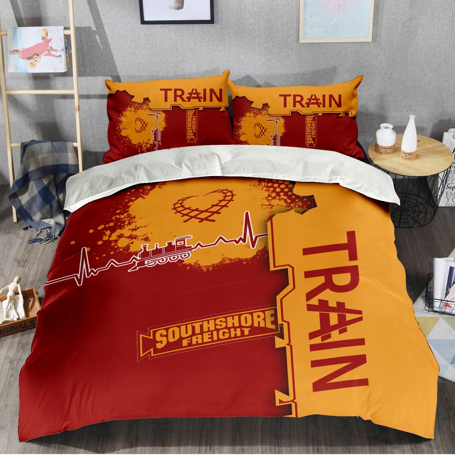 Railspirit Chicago South Shore and South Bend Railroad Bedding Set Engine Heartbeat and Track Love Style Bedding Set Gift Idea For Train Lovers