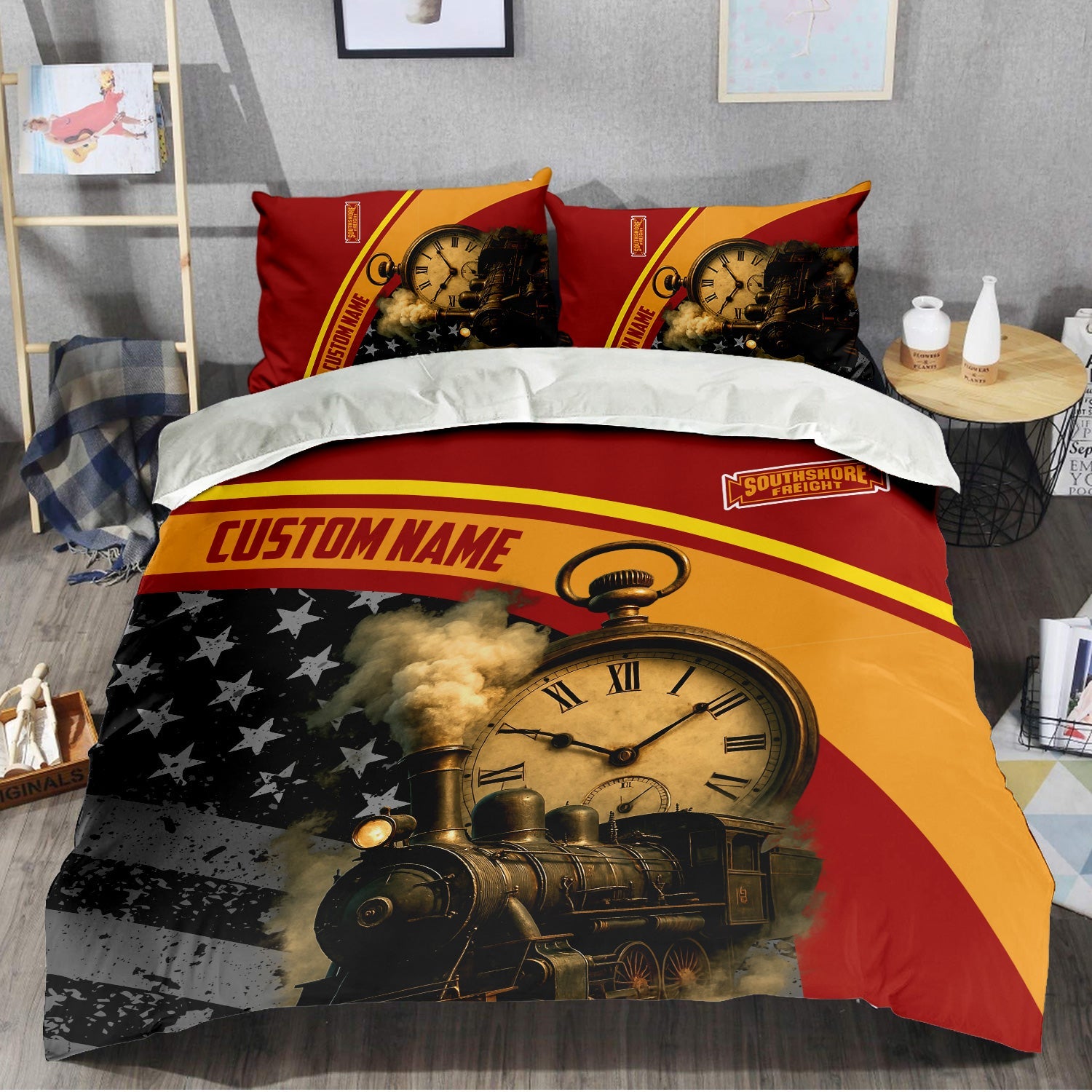 Railspirit Personalized Chicago South Shore and South Bend Railroad Bedding Set Classic Steam Engine With Retro Pocket Watch Bedding Set