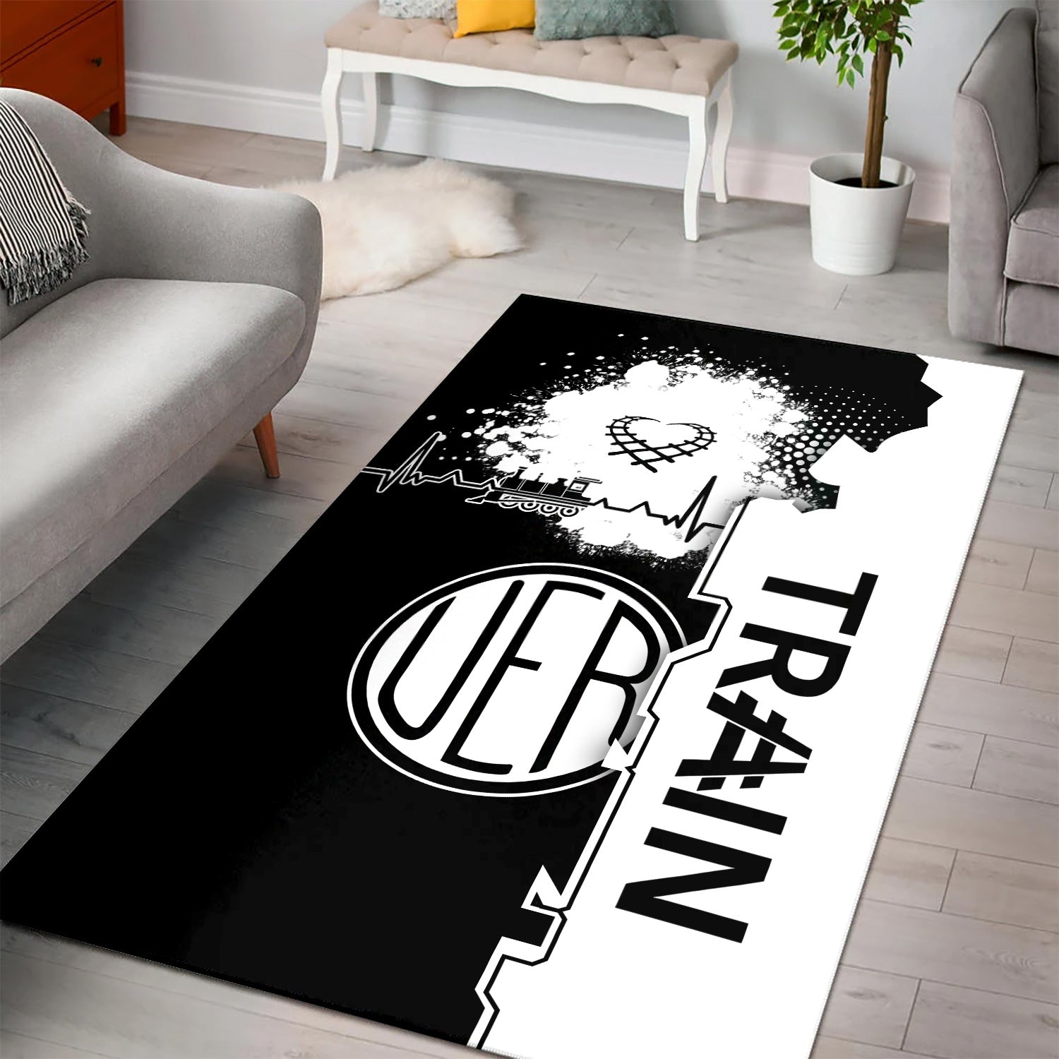 Railspirit Union Electric Railway Area Rug Engine Heartbeat and Track Love Style Rug Gift Idea For Train Lovers