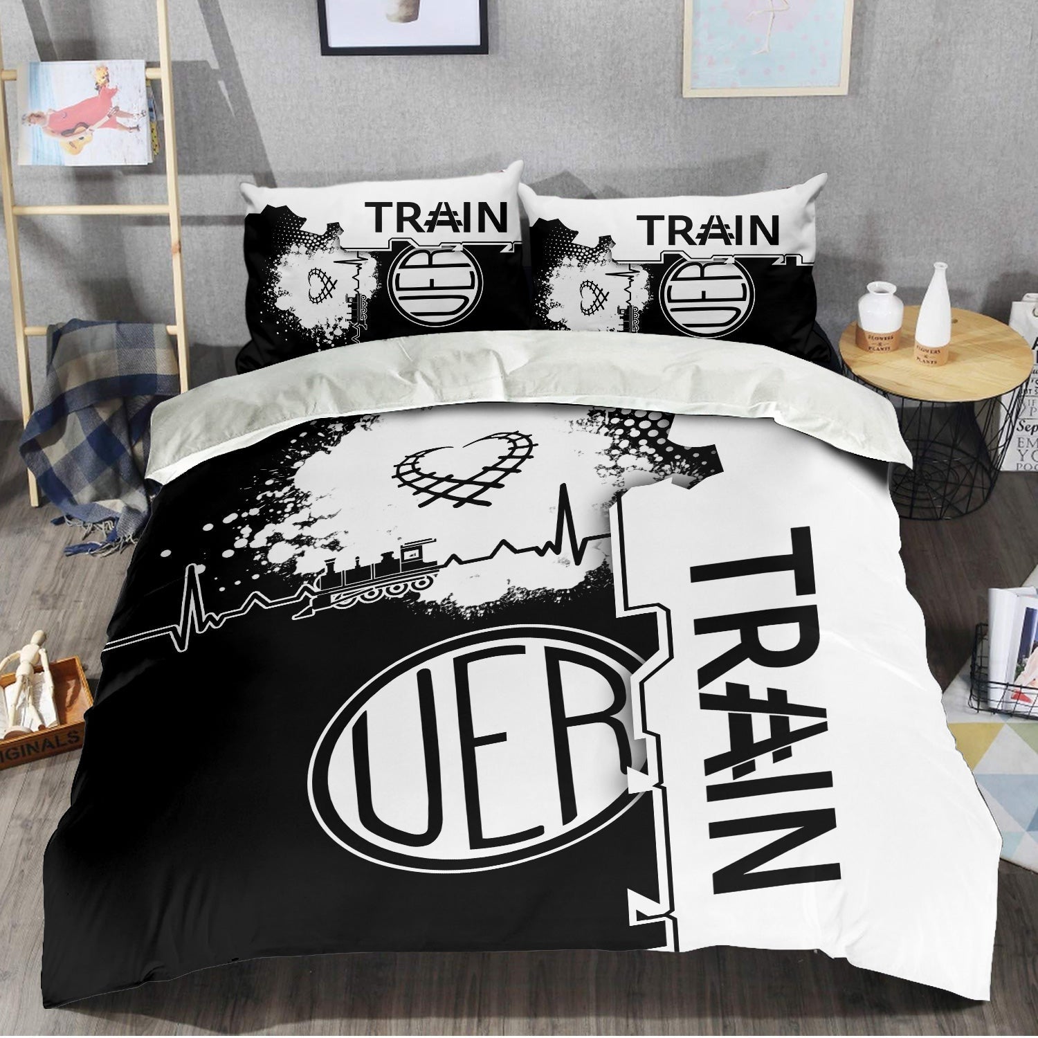 Railspirit Union Electric Railway Bedding Set Engine Heartbeat and Track Love Style Bedding Set Gift Idea For Train Lovers