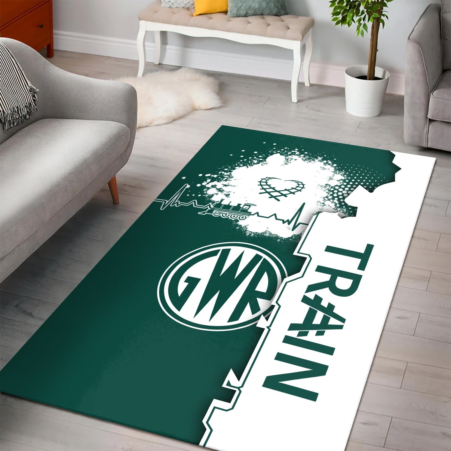 Railspirit Great Western Railway Area Rug Engine Heartbeat and Track Love Style Rug Gift Idea For Train Lovers