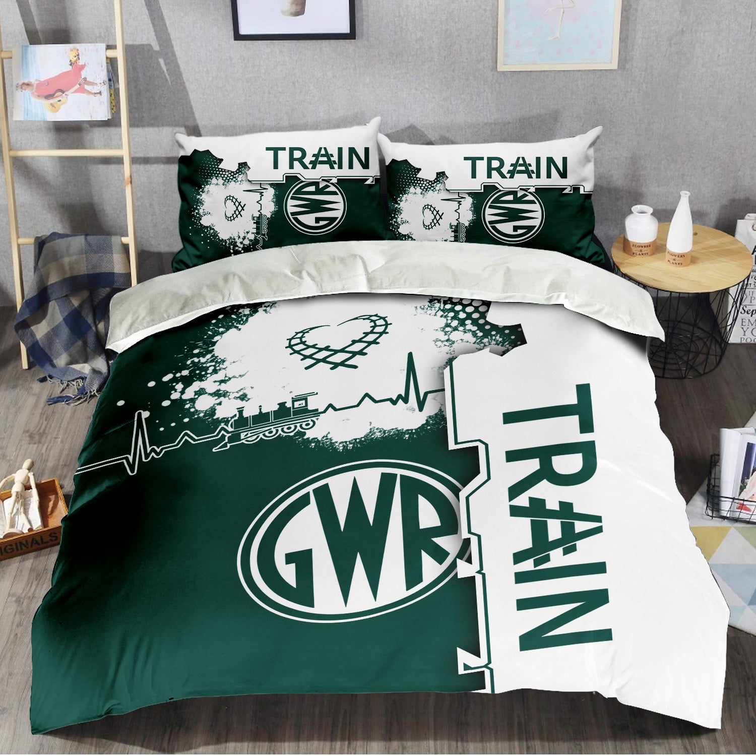 Railspirit Great Western Railway Bedding Set Engine Heartbeat and Track Love Style Bedding Set Gift Idea For Train Lovers