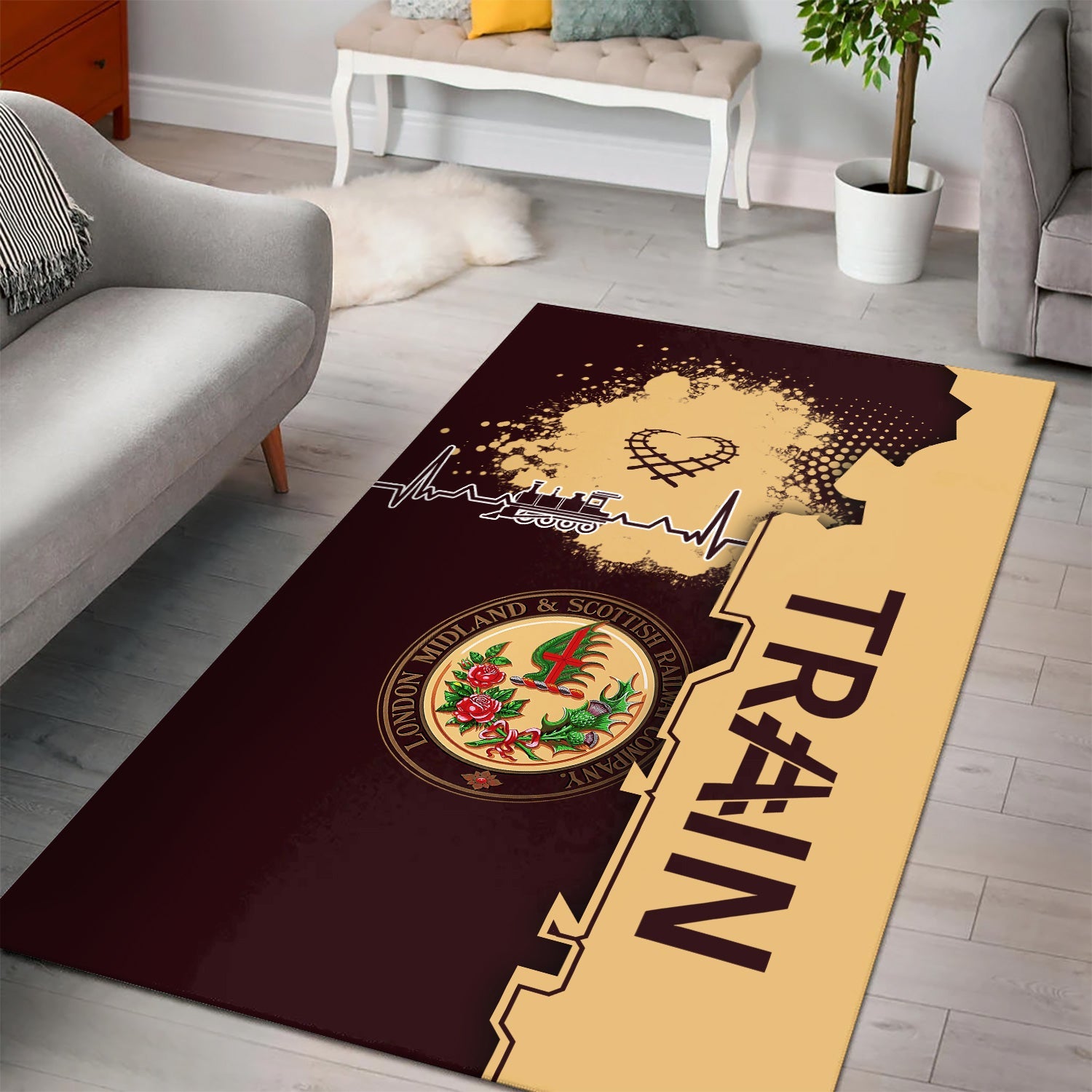 Railspirit London, Midland and Scottish Railway Area Rug Engine Heartbeat and Track Love Style Rug Gift Idea For Train Lovers