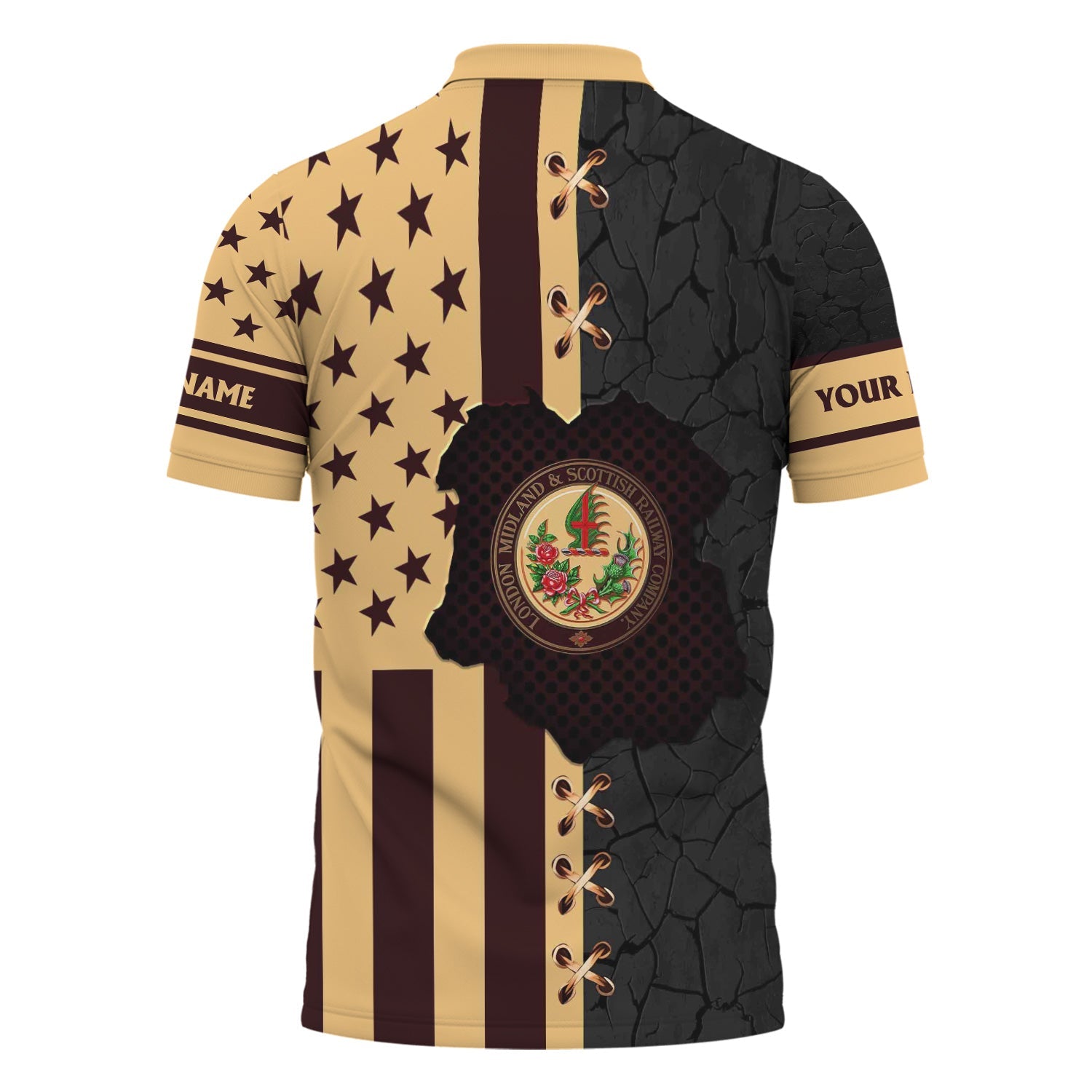Railspirit Personalized London, Midland and Scottish Railway Polo Shirt American Flag with Crack Effect Train Shirt