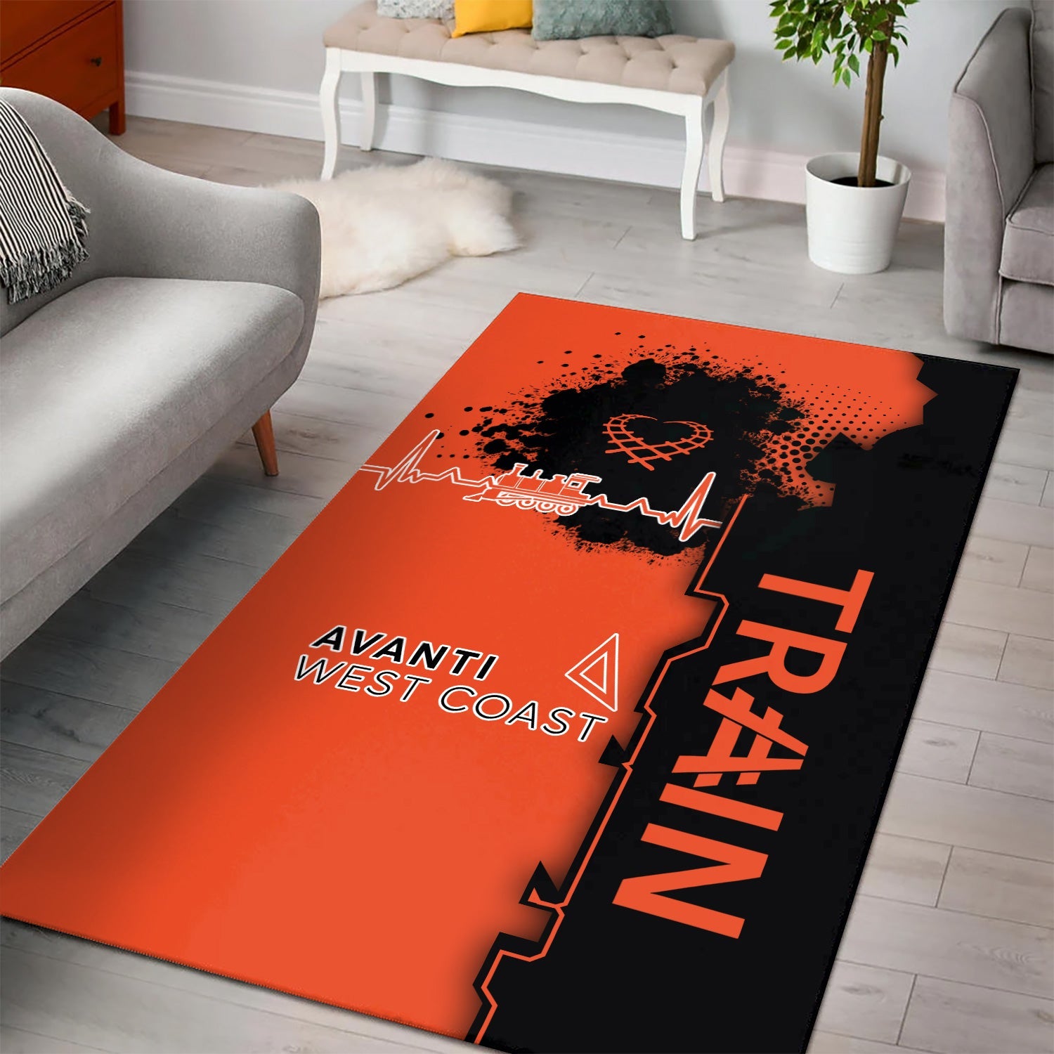 Railspirit Avanti West Coast Area Rug Engine Heartbeat and Track Love Style Rug Gift Idea For Train Lovers