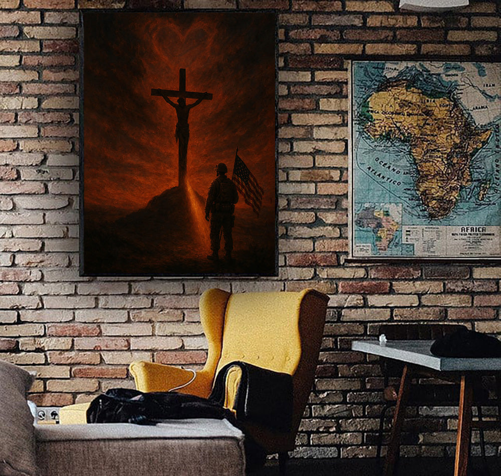 Jesus Soldier Prayer Printed Canvas Wall Art, Father’s Day Gift for Dad, Christian Military Wall Art with Cross and American Flag Design