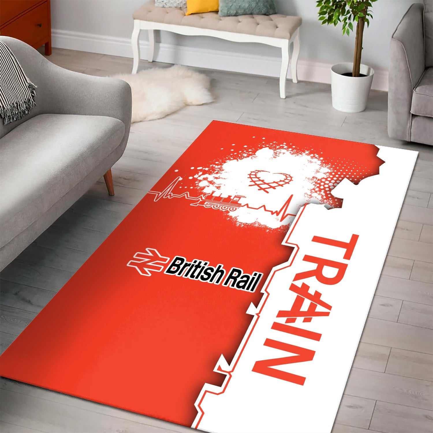 Railspirit British Railway Area Rug Engine Heartbeat and Track Love Style Rug Gift Idea For Train Lovers