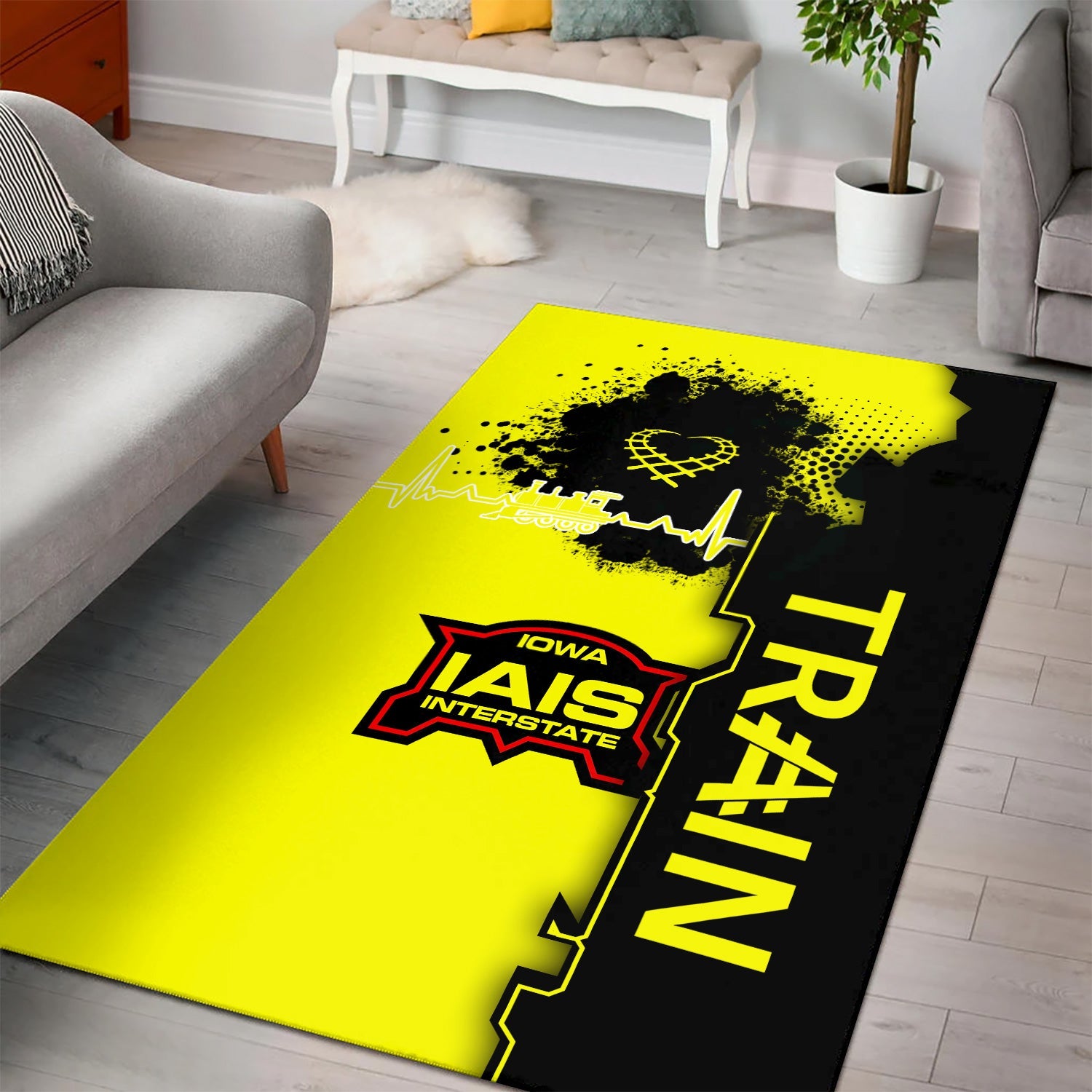Railspirit Iowa Interstate Railroad Area Rug Engine Heartbeat and Track Love Style IAIS Rug Gift Idea For Train Lovers