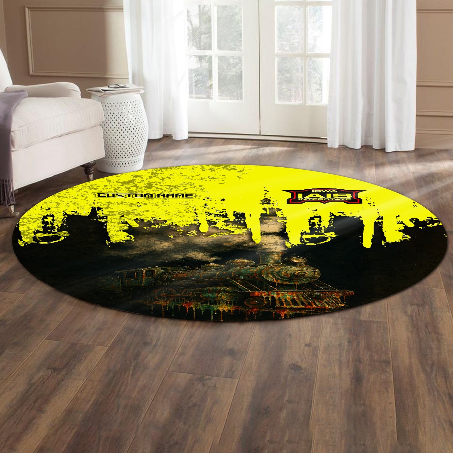 Railspirit Personalized Iowa Interstate Railroad Round Mat Vintage Train Art Style IAIS Mat For Locomotive Fans