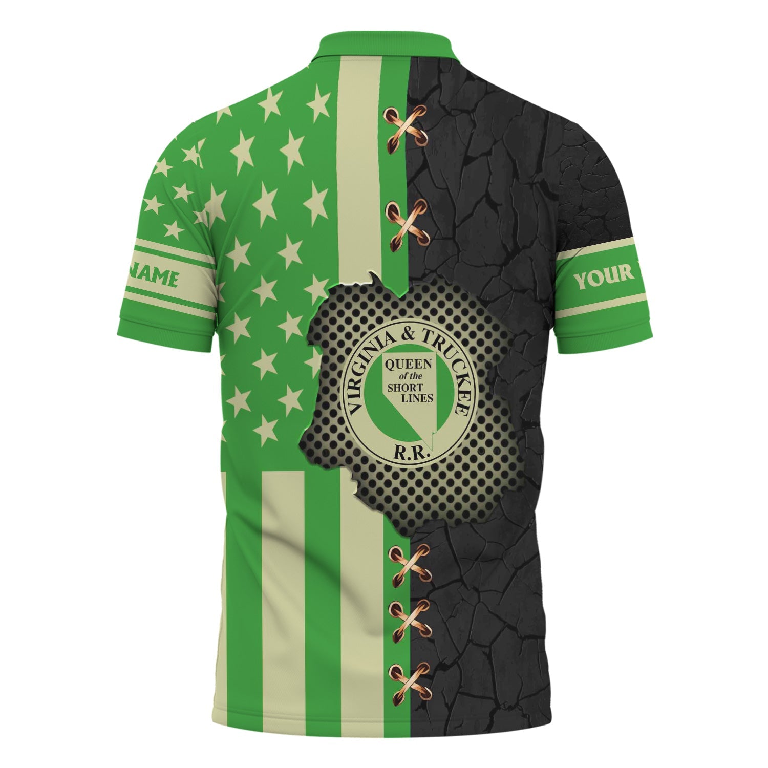 Railspirit Personalized Virginia & Truckee Railroad Polo Shirt American Flag with Crack Effect Train Shirt