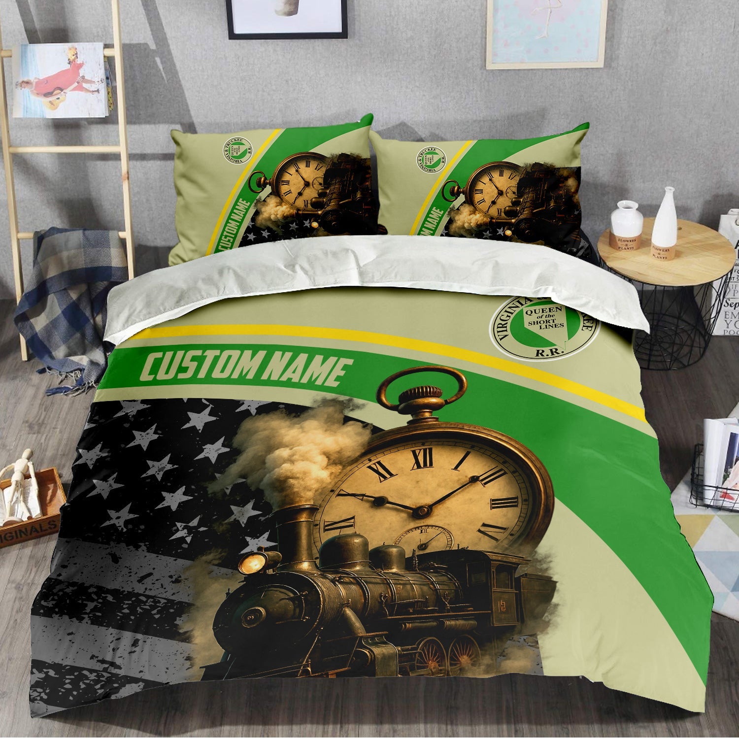 Railspirit Personalized Virginia & Truckee Railroad Bedding Set Classic Steam Engine With Retro Pocket Watch Bedding Set All Over Print