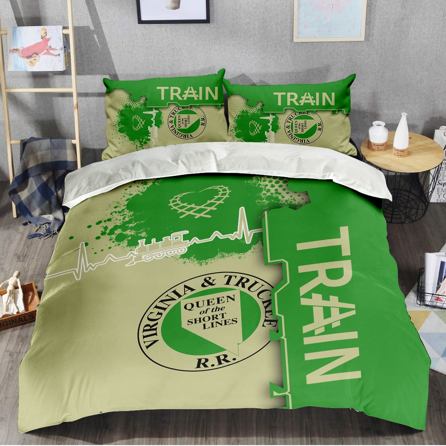 Railspirit Virginia & Truckee Railroad Bedding Set Engine Heartbeat and Track Love Style Bedding Set Gift Idea For Train Lovers