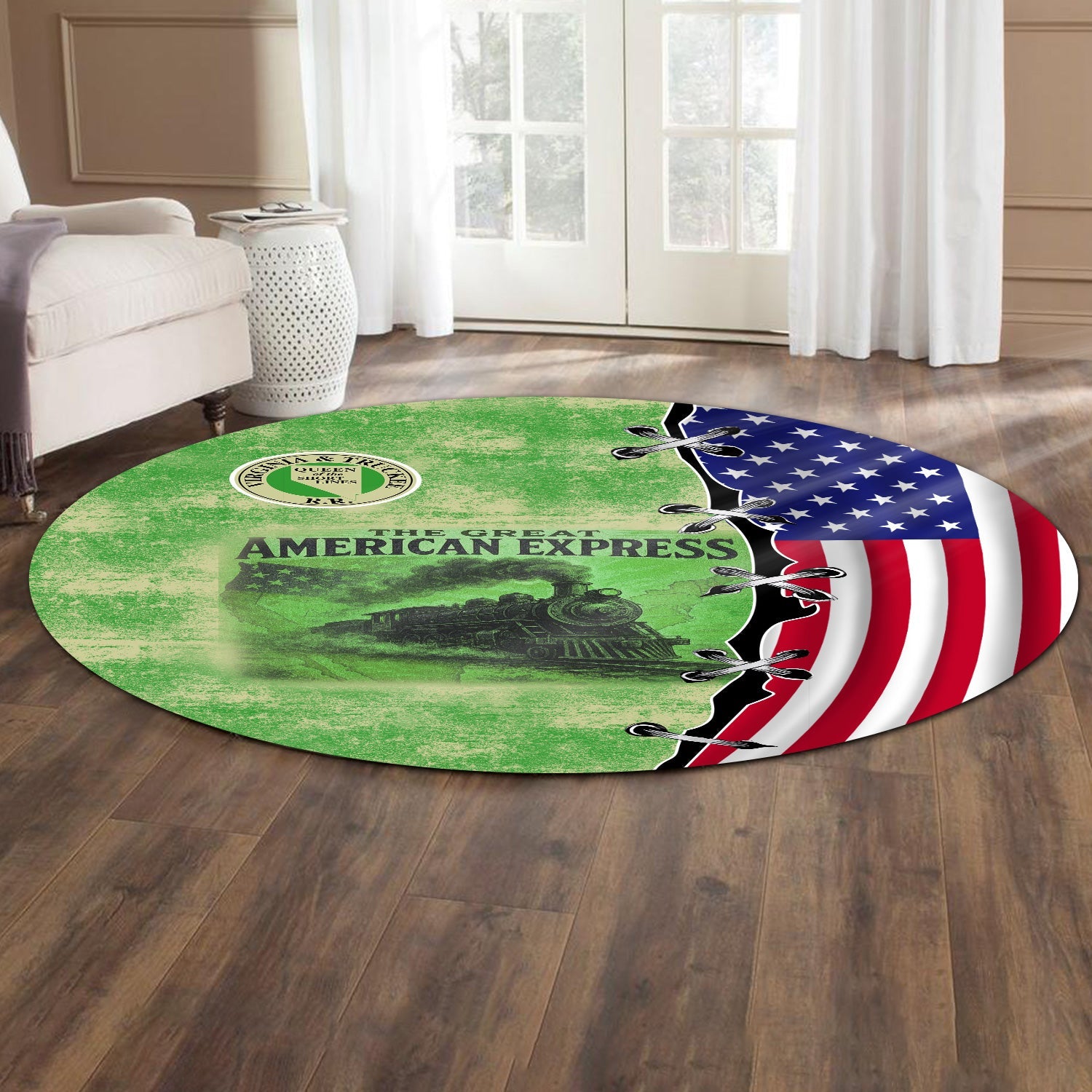 Railspirit Virginia & Truckee Railroad Round Mat Retro American Express Train With USA Flag Round Mat