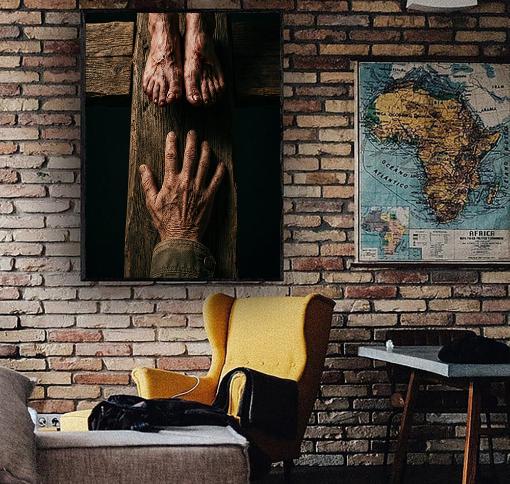 Jesus Crucifixion Printed Canvas, Father’s Day Gift for Dad, Christian Wall Art Decor with Hand Reaching to Cross and Faith Design