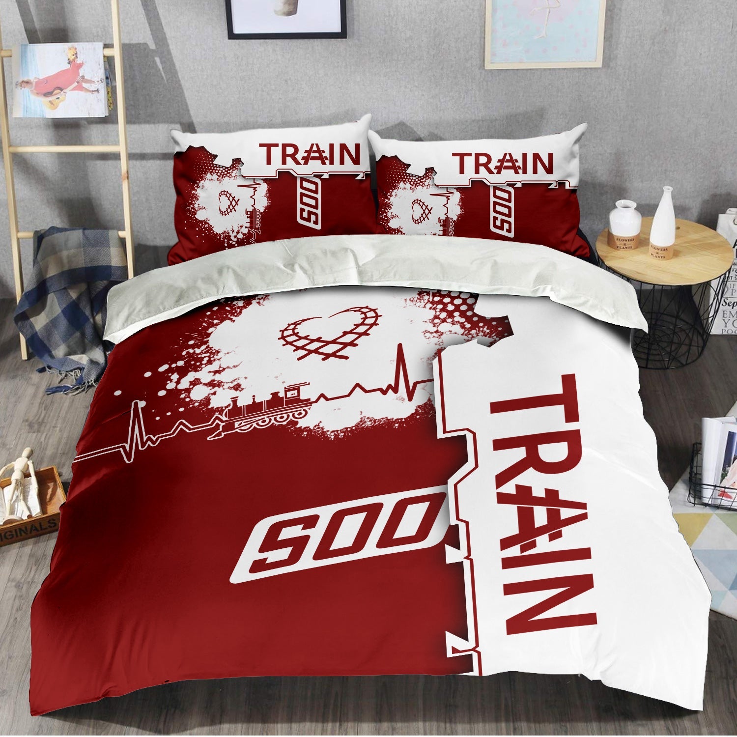 Railspirit Soo Line Railroad Bedding Set Engine Heartbeat and Track Love Style Bedding Set Gift Idea For Train Lovers
