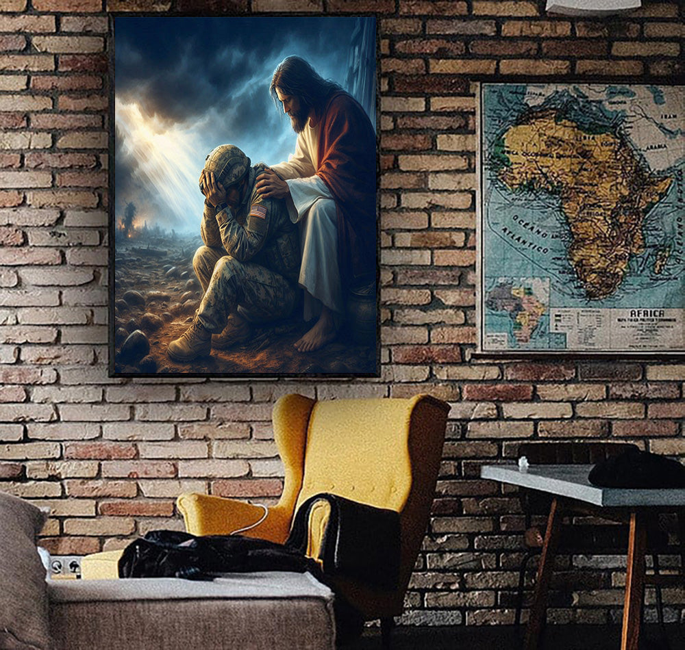 Jesus Comforting Soldier Printed Canvas Wall Art Christian Faith Military Design Father Day Gift For Dad Religious Home Decor