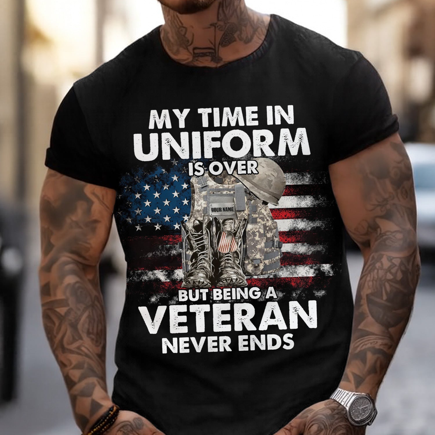 Custom Name My Time In Uniform Is Over But Being A Veteran Never Ends T-Shirt, Patriotic American Flag Veteran Shirt Gift For Men, Military Tee