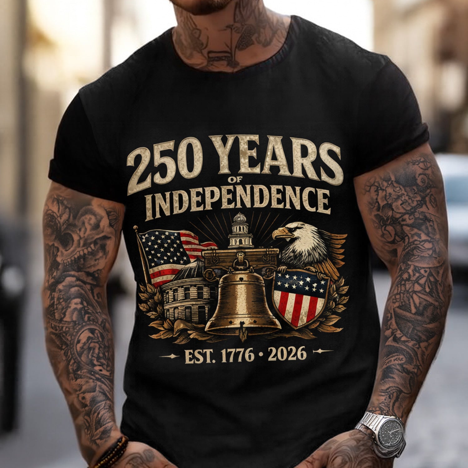250 Years of Independence Shirt 1776–2026, Patriotic USA Eagle Liberty Bell T Shirt, 4th of July Gift for Men