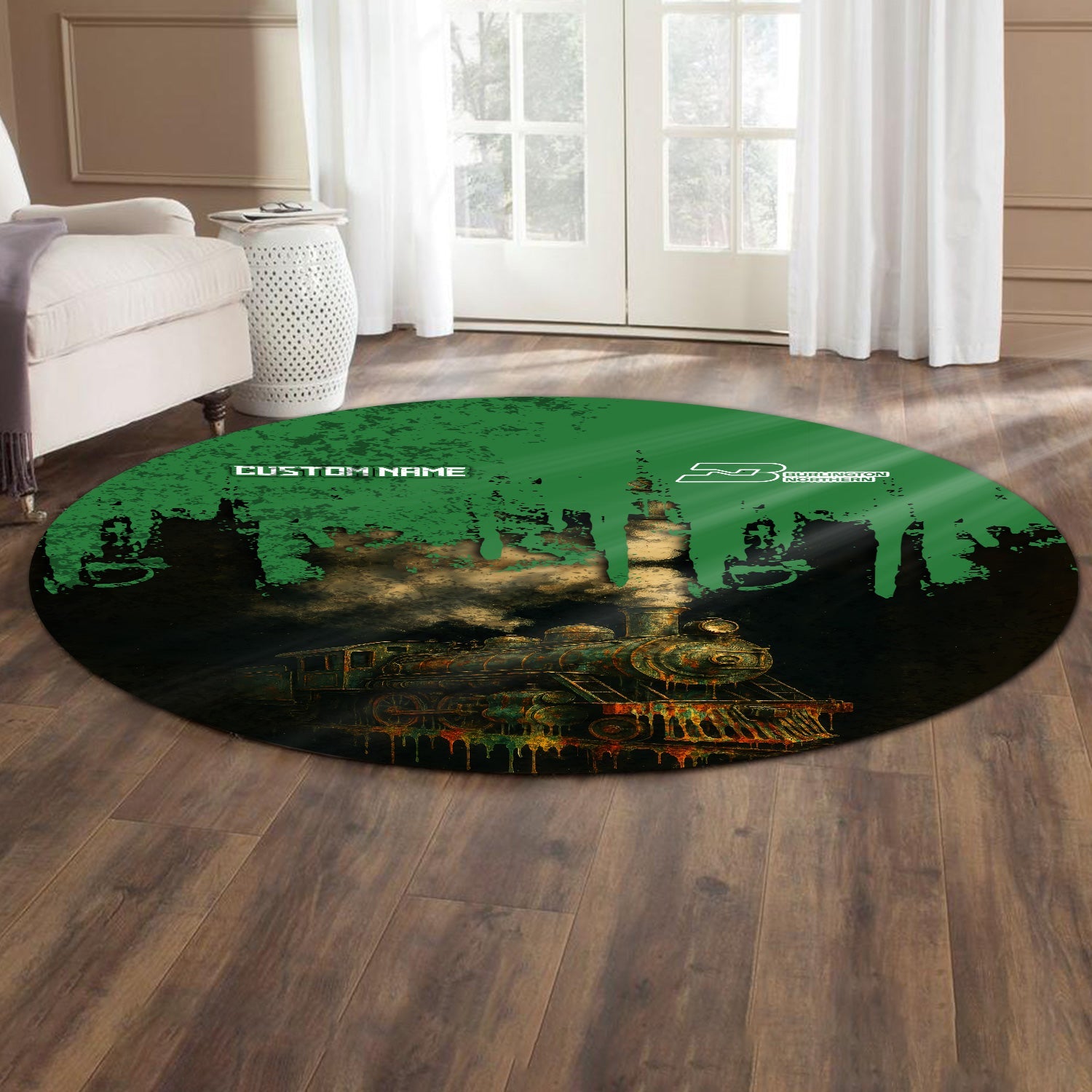Railspirit Personalized Burlington Northern Railroad Round Mat Vintage Train Art Style Mat For Locomotive Fans