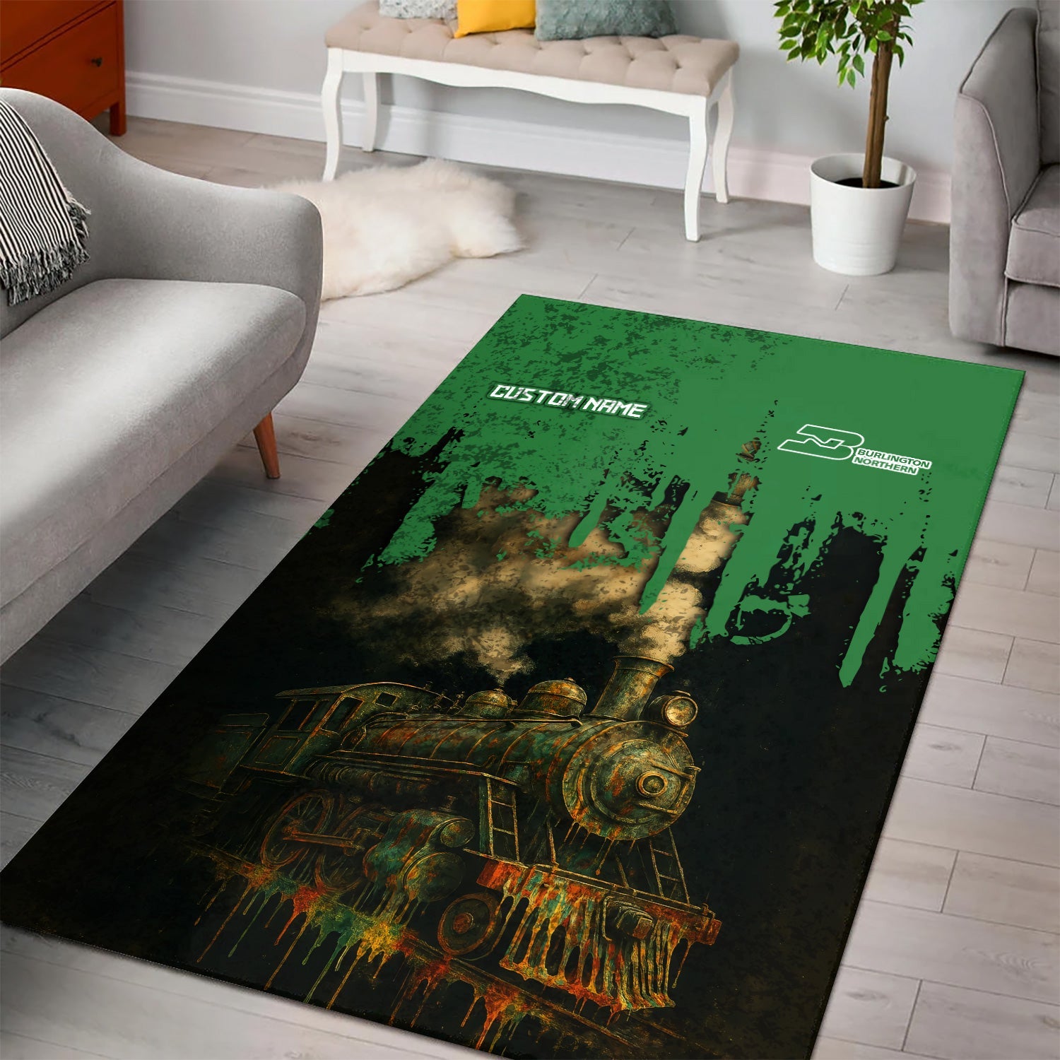 Railspirit Personalized Burlington Northern Railroad Area Rug Vintage Train Art Style Rug For Locomotive Fans