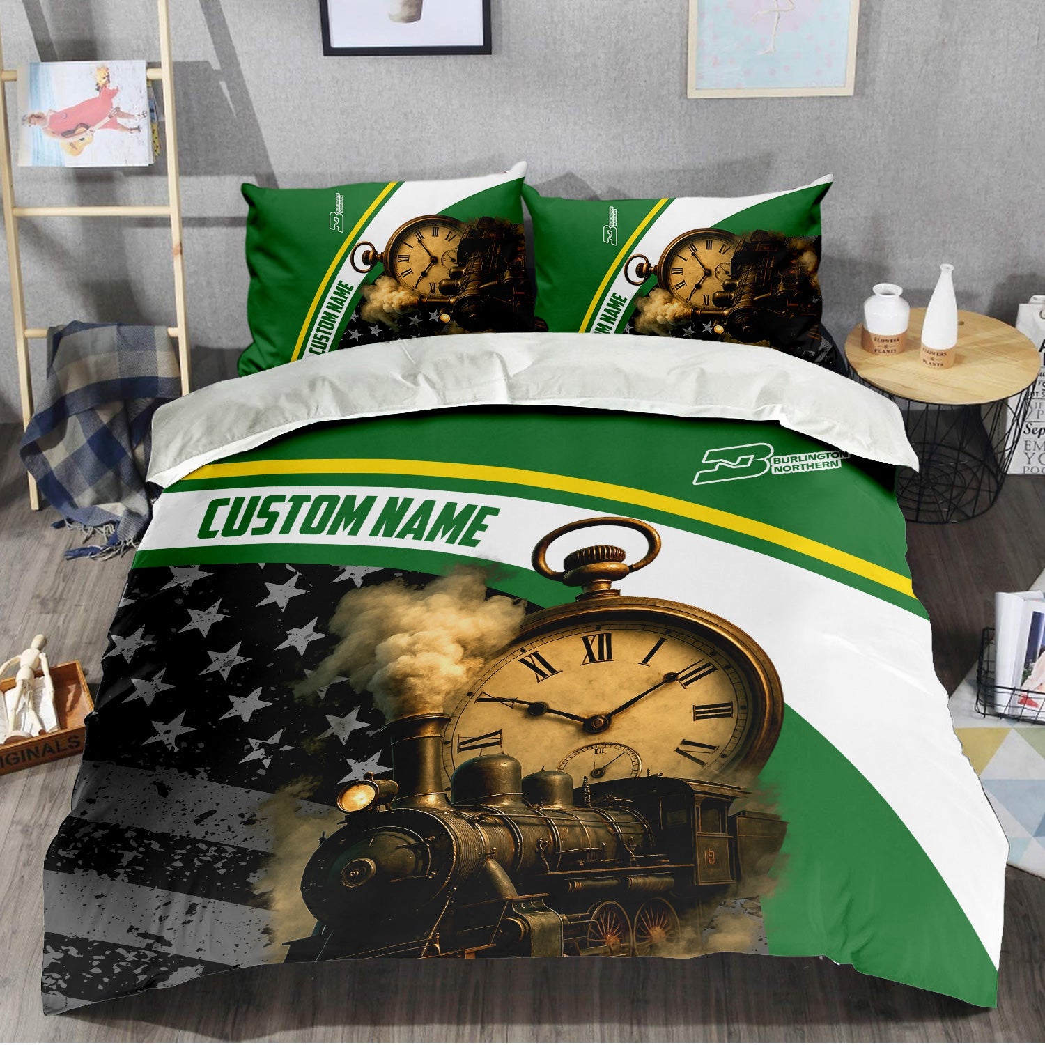 Railspirit Personalized Burlington Northern Railroad Bedding Set Classic Steam Engine With Retro Pocket Watch Bedding Set All Over Print