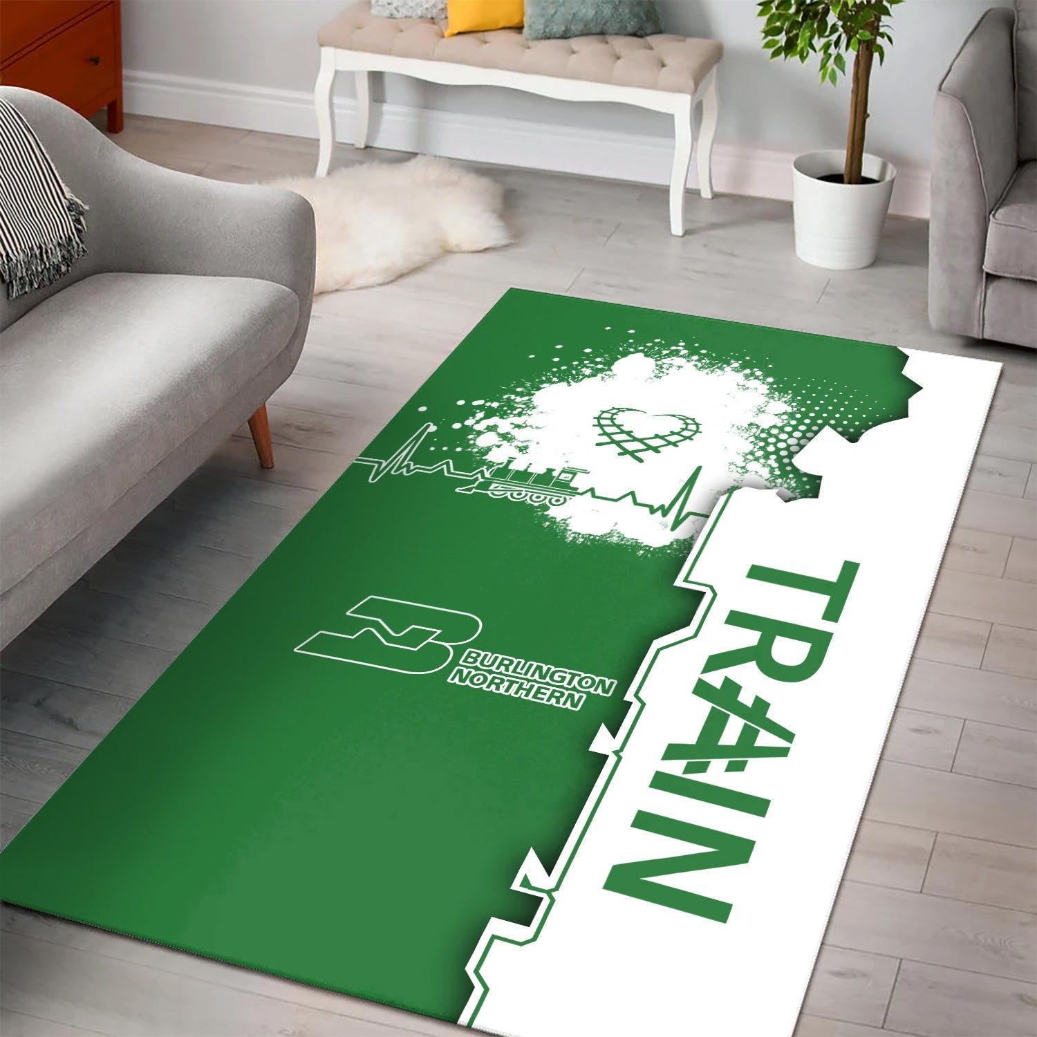 Railspirit Burlington Northern Railroad Area Rug Engine Heartbeat and Track Love Style Rug Gift Idea For Train Lovers