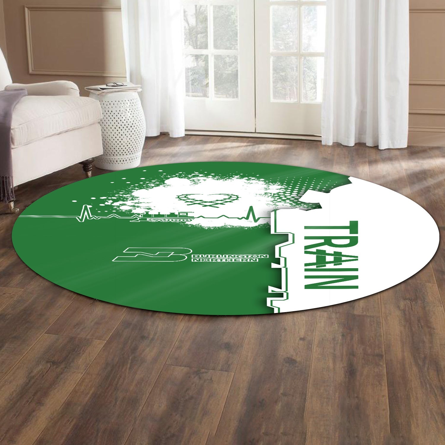 Railspirit Burlington Northern Railroad Round Mat Engine Heartbeat and Track Love Style Mat Gift Idea For Train Lovers