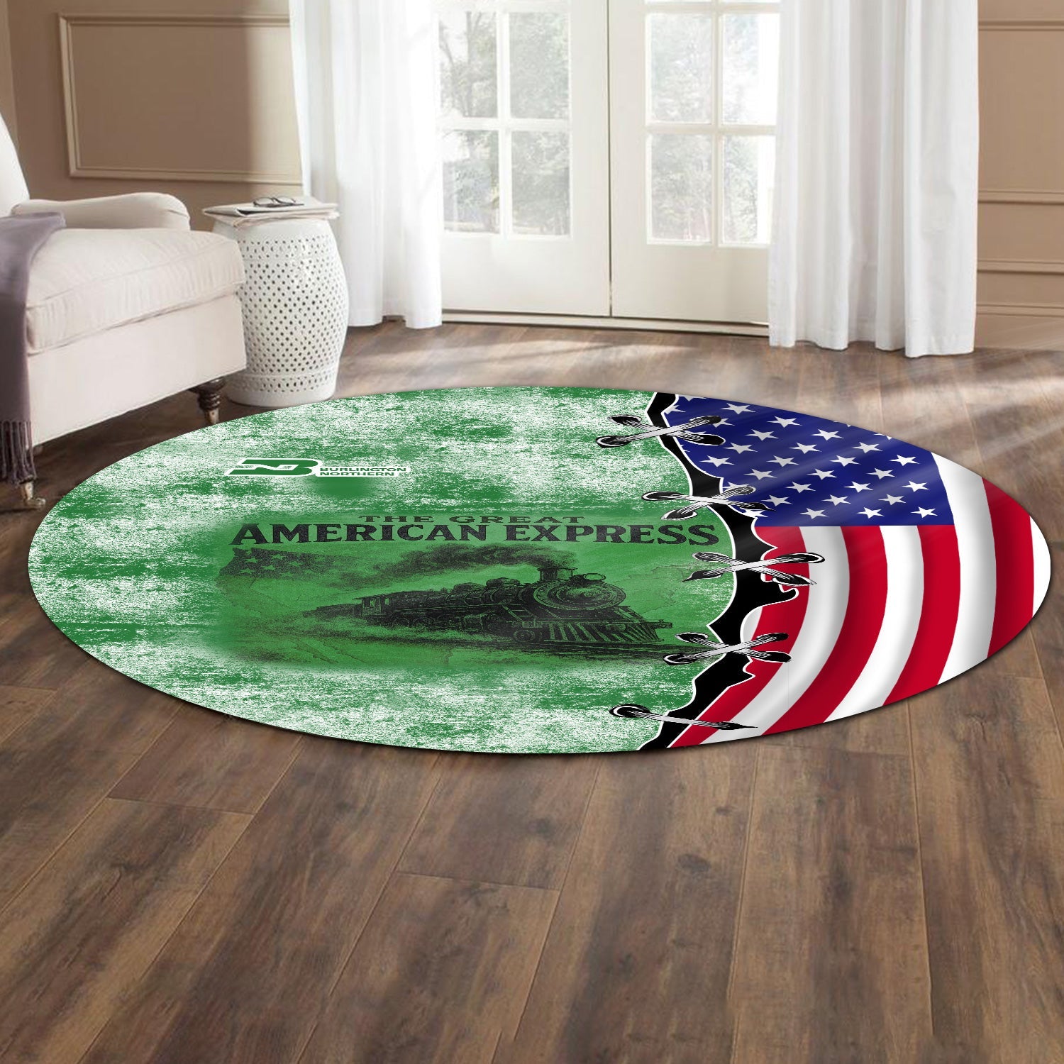 Railspirit Burlington Northern Railroad Round Mat Retro American Express Train With USA Flag Round Mat
