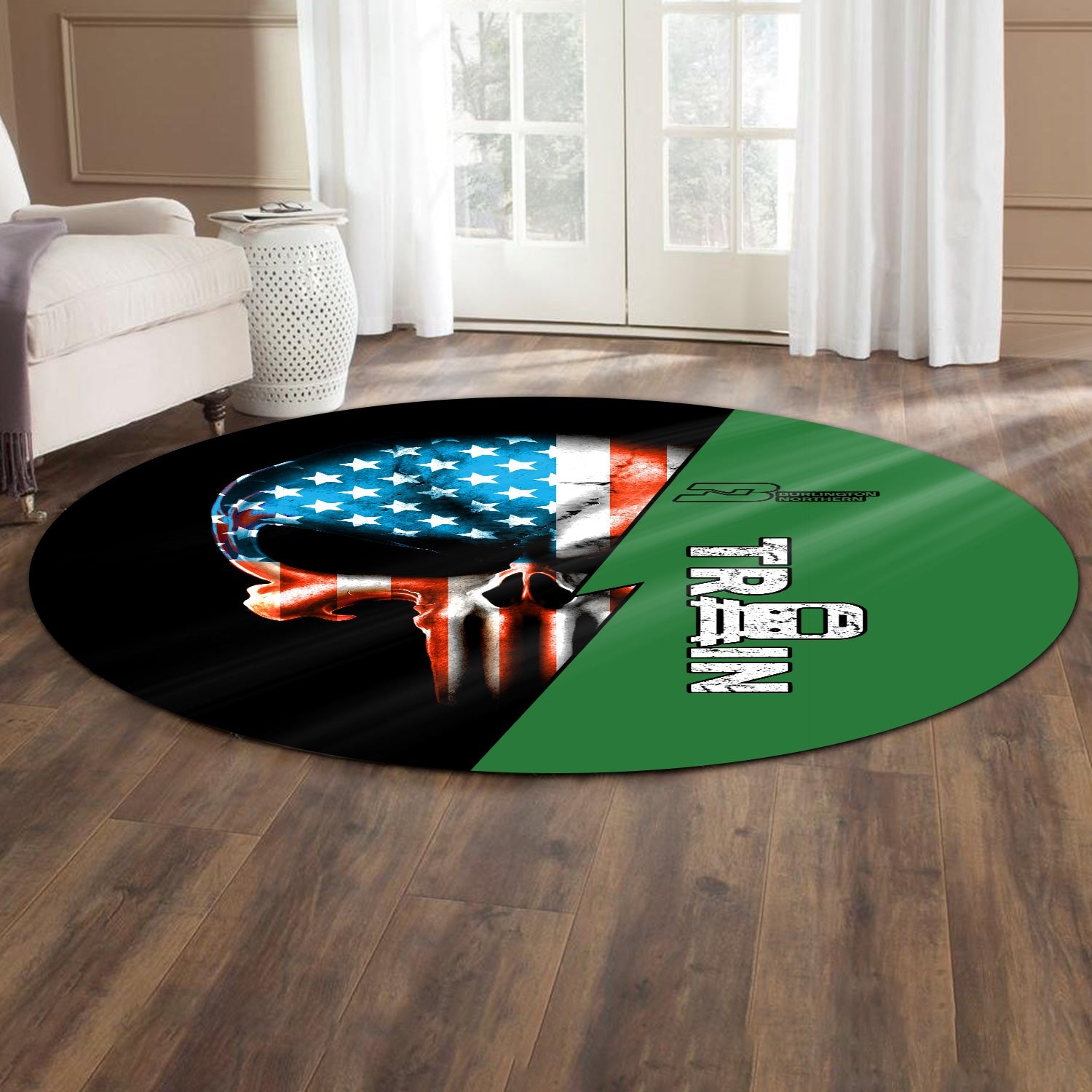 Railspirit Burlington Northern Railroad Round Mat Train Skull American Flag Style Rug All Over Print