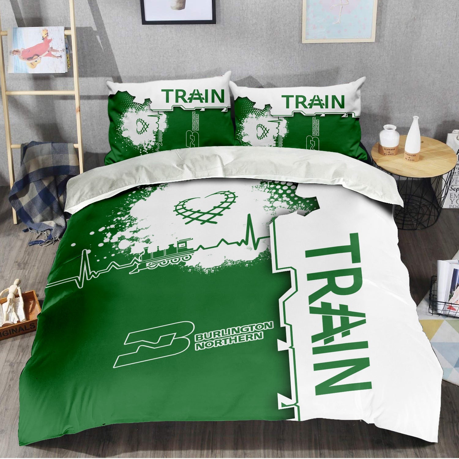 Railspirit Burlington Northern Railroad Bedding Set Engine Heartbeat and Track Love Style Bedding Set Gift Idea For Train Lovers