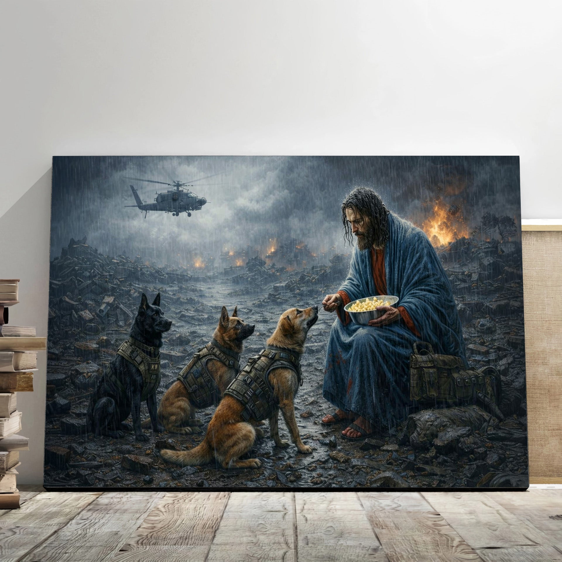 Jesus with Military Dogs Canvas Wall Art Christian War Scene Print Religious Decor Gift for Veteran Soldier Dog Lover Home Office