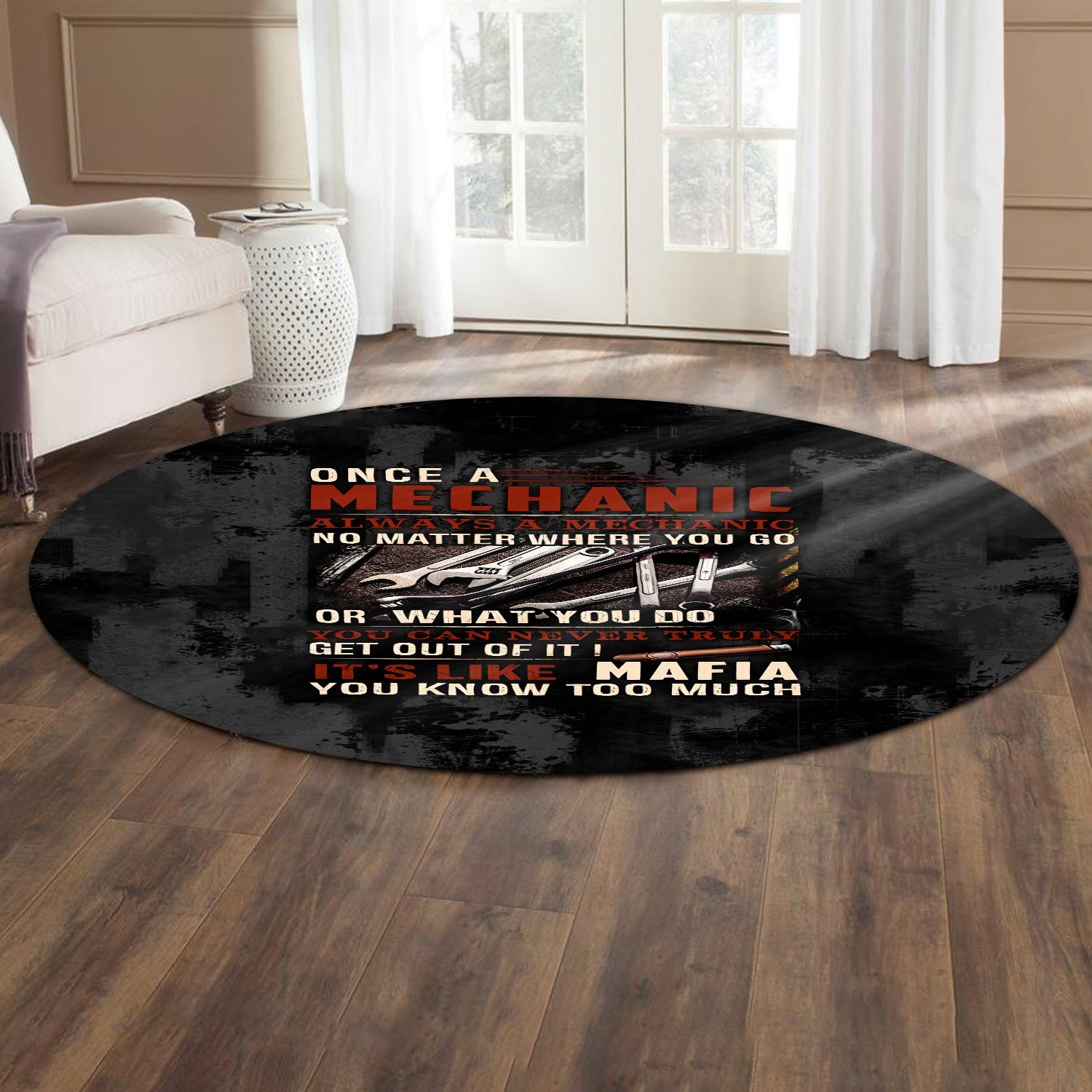 Mechanic Round Mat Funny Quote, Once A Mechanic Always A Mechanic, Gift for Mechanic Lovers, Work, Garage, Car Enthusiasts, Automotive Rug Home Decor