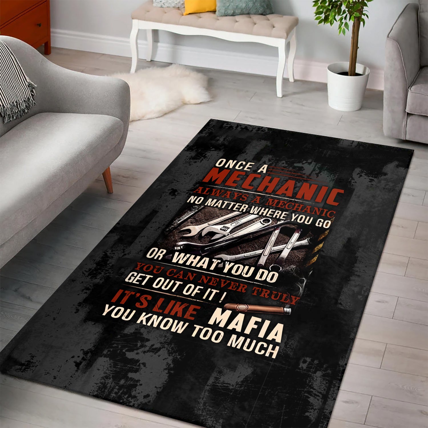 Mechanic Rug Funny Quote, Once A Mechanic Always A Mechanic, Gift for Mechanic Lovers, Work, Garage, Car Enthusiasts, Automotive Area Rug