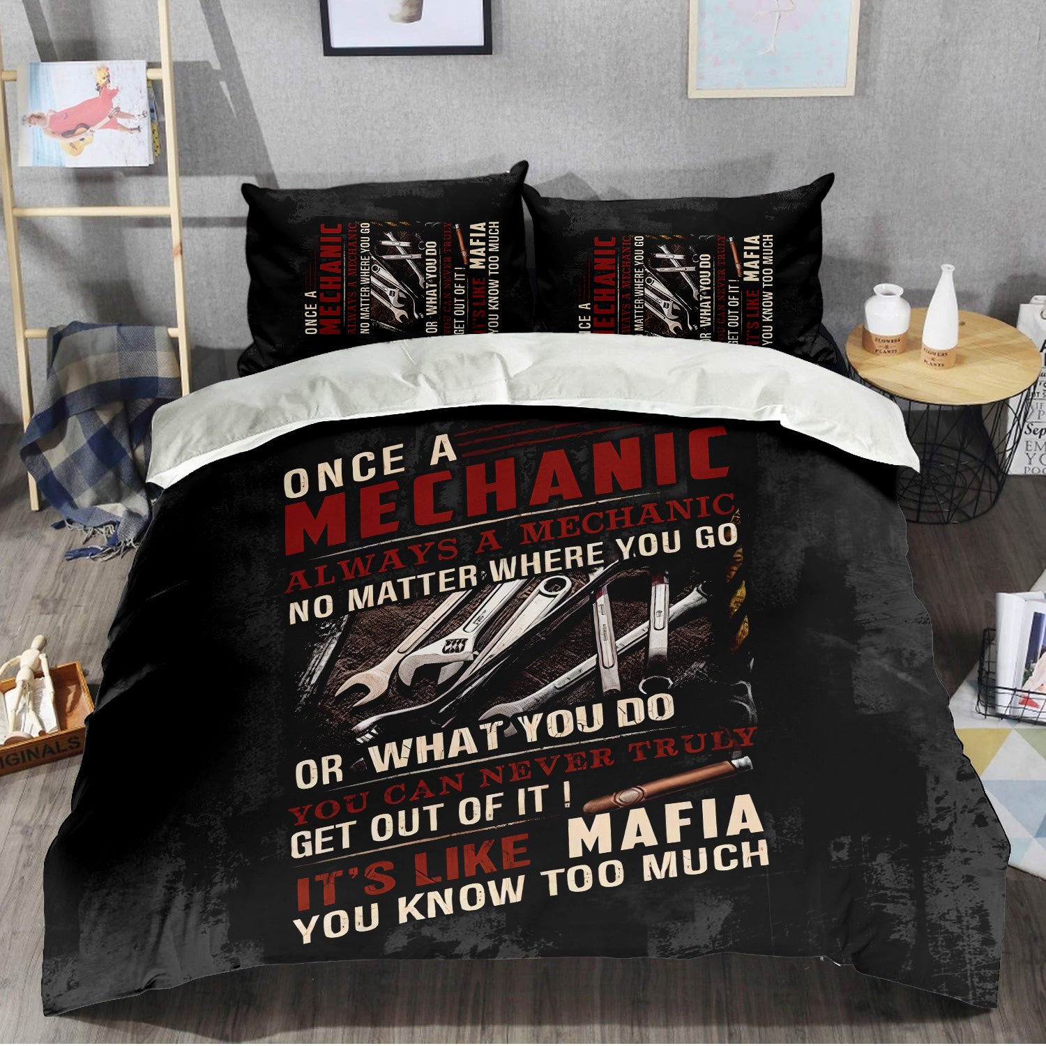 Mechanic Bedding Set Funny Quote, Once A Mechanic Always A Mechanic, Gift for Mechanic Lovers, Work, Garage, Car Enthusiasts, Automotive Bedding Set Home Decor