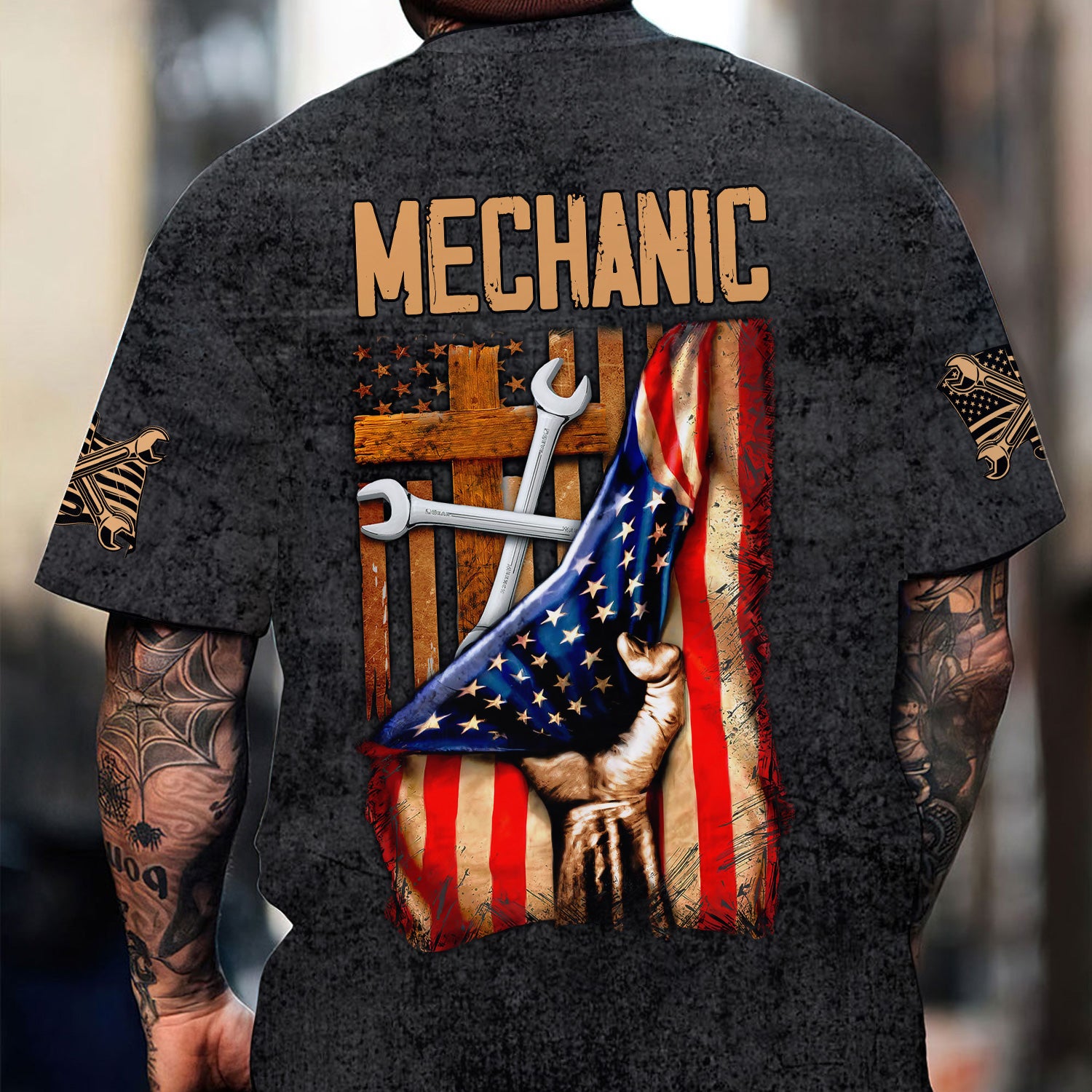 Patriotic Mechanic Shirt, American Flag & Cross Design with Wrenches, Perfect Gift for Christian Mechanics, Car Repair & Garage Fans