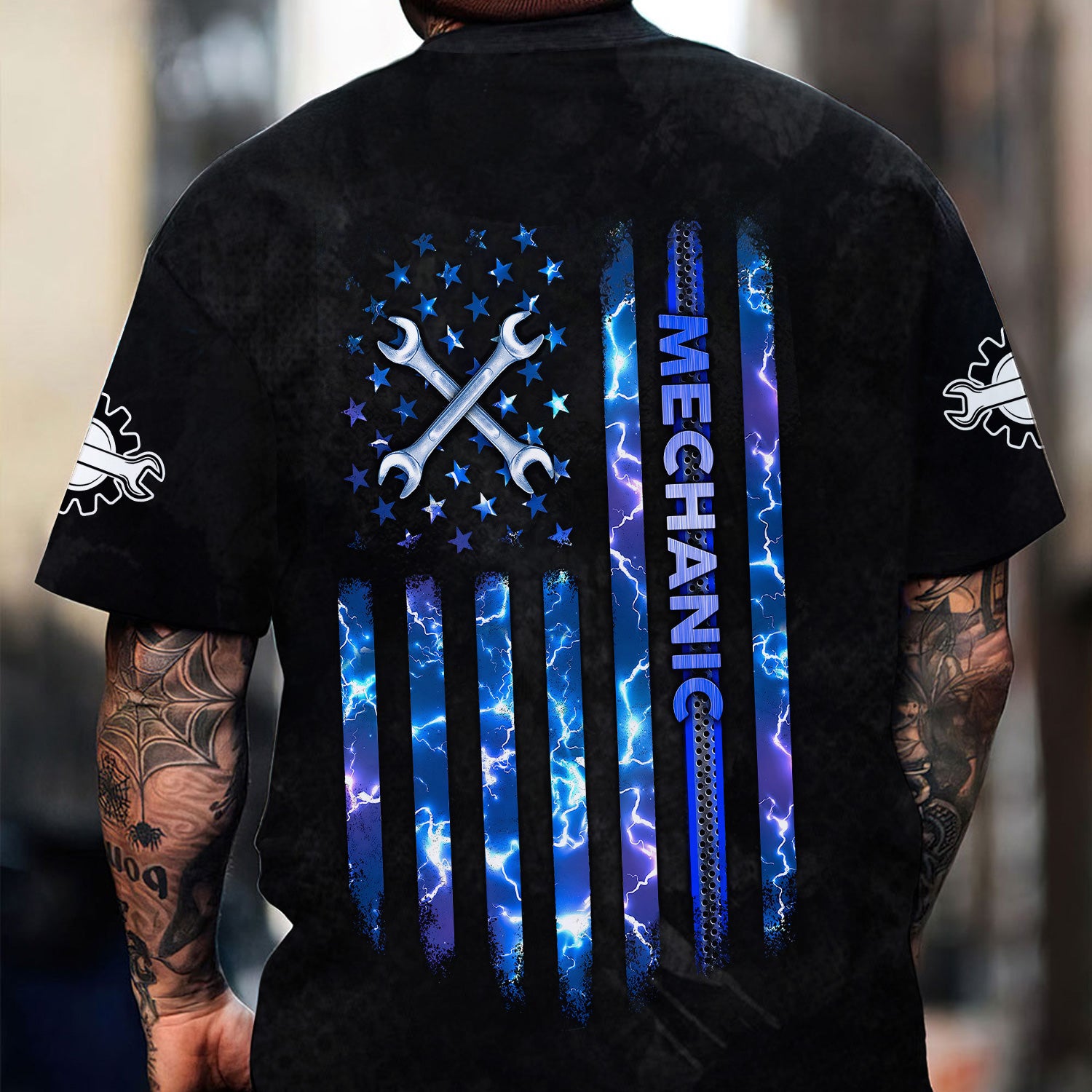 American Flag Mechanic Shirt, Blue Lightning & Tools Graphic, Perfect Patriotic Gift Shirt for Auto Repair Workers & Garage Fans
