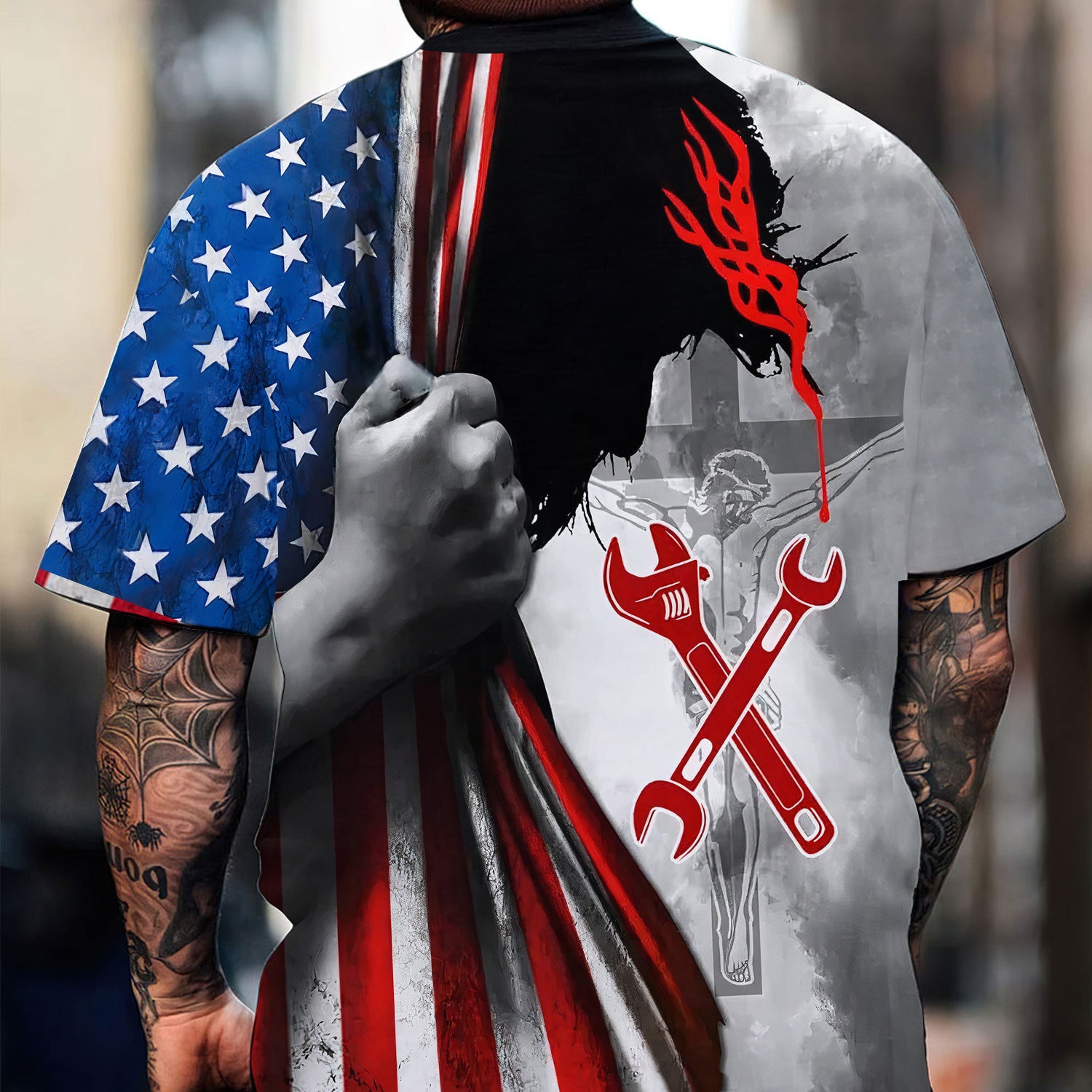 USA Flag Mechanic Wrench Shirt, Vintage Red, White & Blue Shirt for Workers, Bold American Pride Shirt