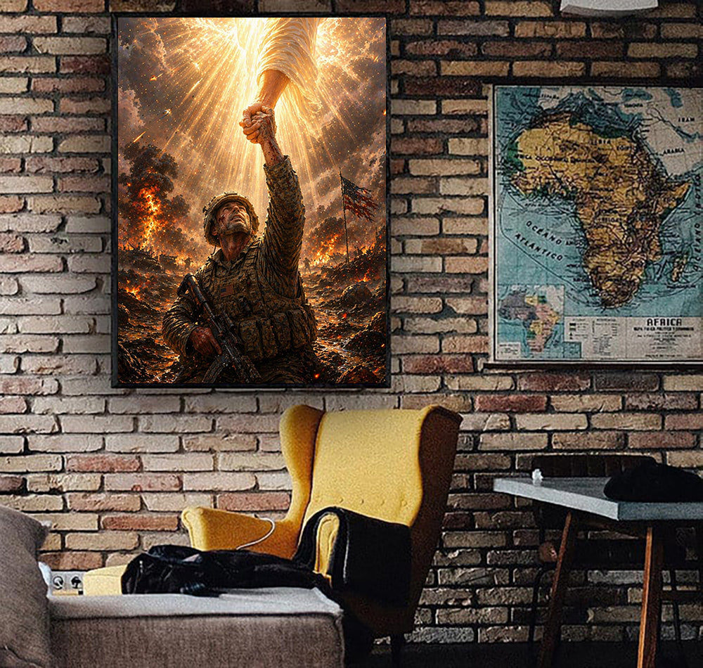 Soldier Holding Hand Of Angel In Heaven Light Faith Canvas Wall Art Father Day Gift For Dad Christian Veteran Spiritual Decor