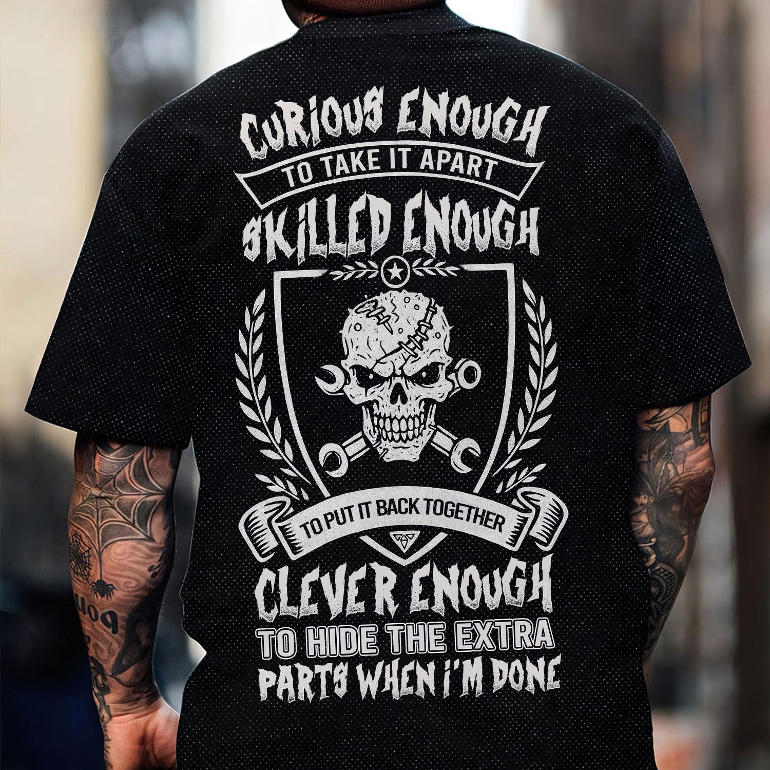 Curious Enough to Take It Apart Mechanic Shirt, Funny Skilled Mechanic Polo with Skull & Wrenches, Clever Enough to Hide Extra Parts