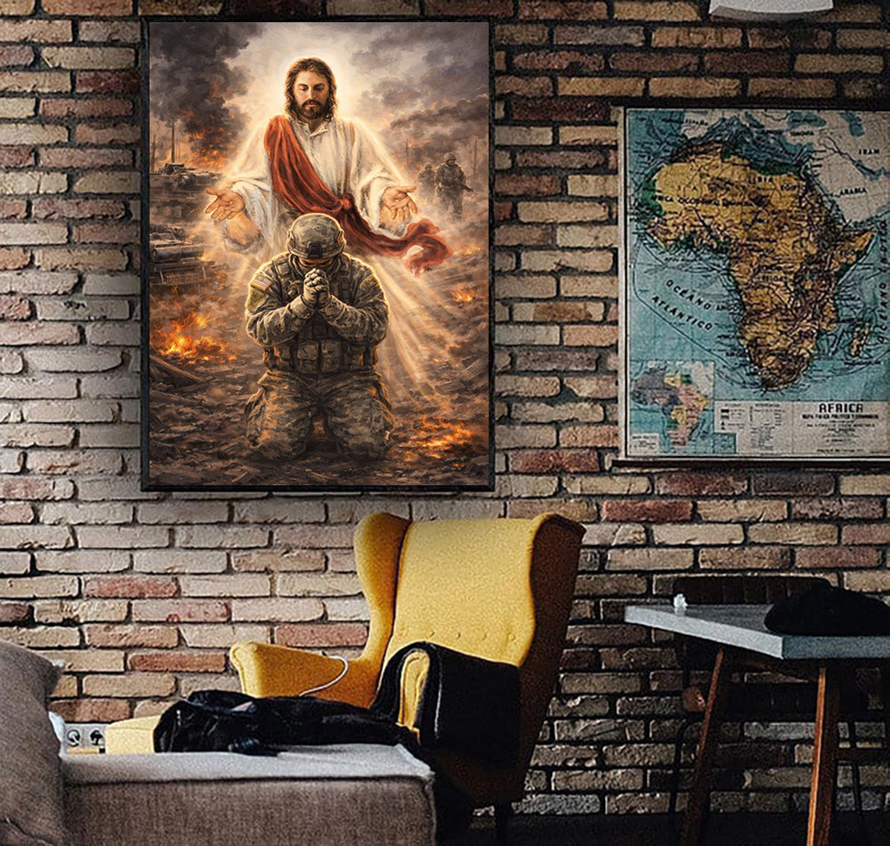Christian Wall Art Jesus Watching Over Praying Soldier Military Faith Artwork Religious Canvas Home Decor