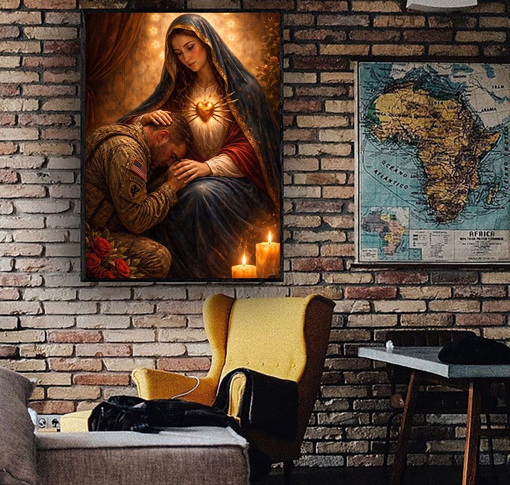 Virgin Mary Sacred Heart Blessing Soldier Canvas Wall Art Christian Faith Military Prayer Gift Father’s Day Veteran Gift Religious Decor