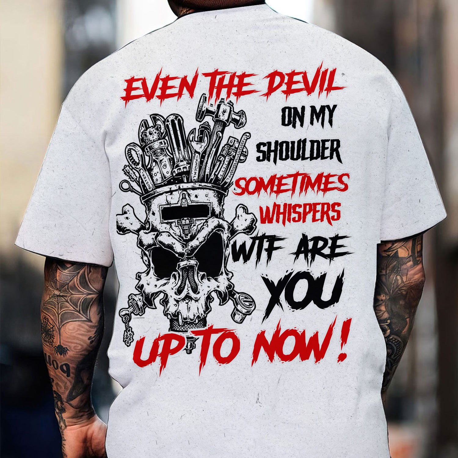 Devil on My Shoulder Mechanic T-Shirt, Funny Skull & Tools Graphic Hoodie with Sometimes Whispers WTF Quote, Perfect Mechanic Gift
