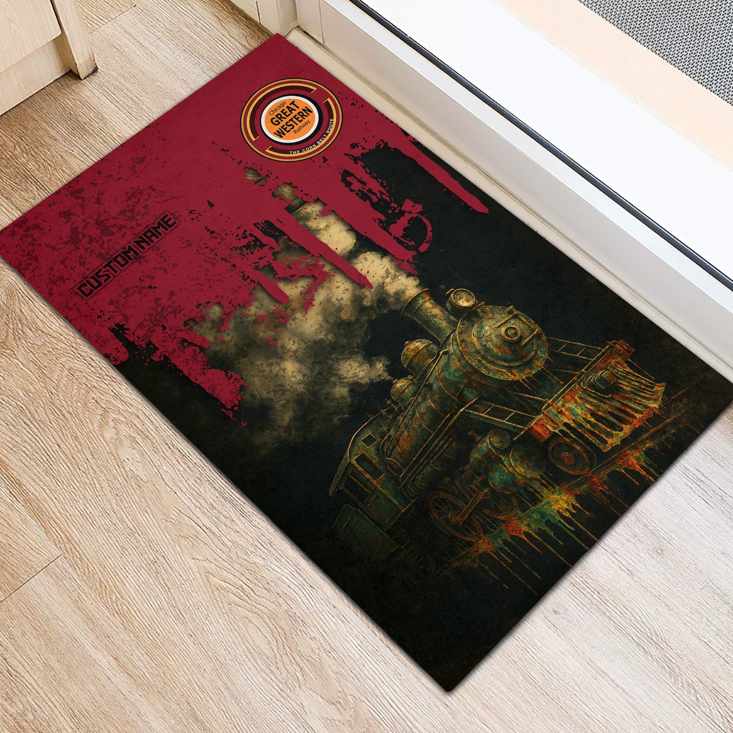 Railspirit Personalized Chicago Great Western Railroad Doormat Vintage Train Art Style Mat For Locomotive Fans