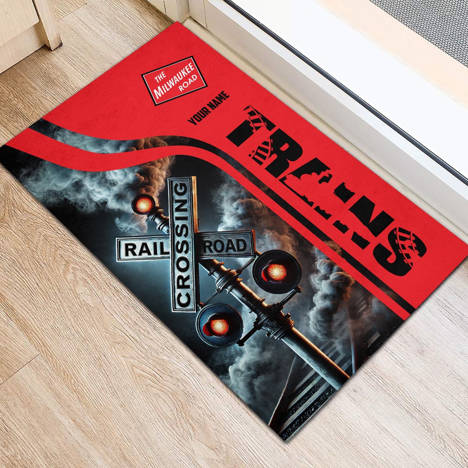 Railspirit Personalized Chicago, Milwaukee, St. Paul and Pacific Railroad Doormat Railroad Crossing Sign Milwaukee Road Mat All Over Print
