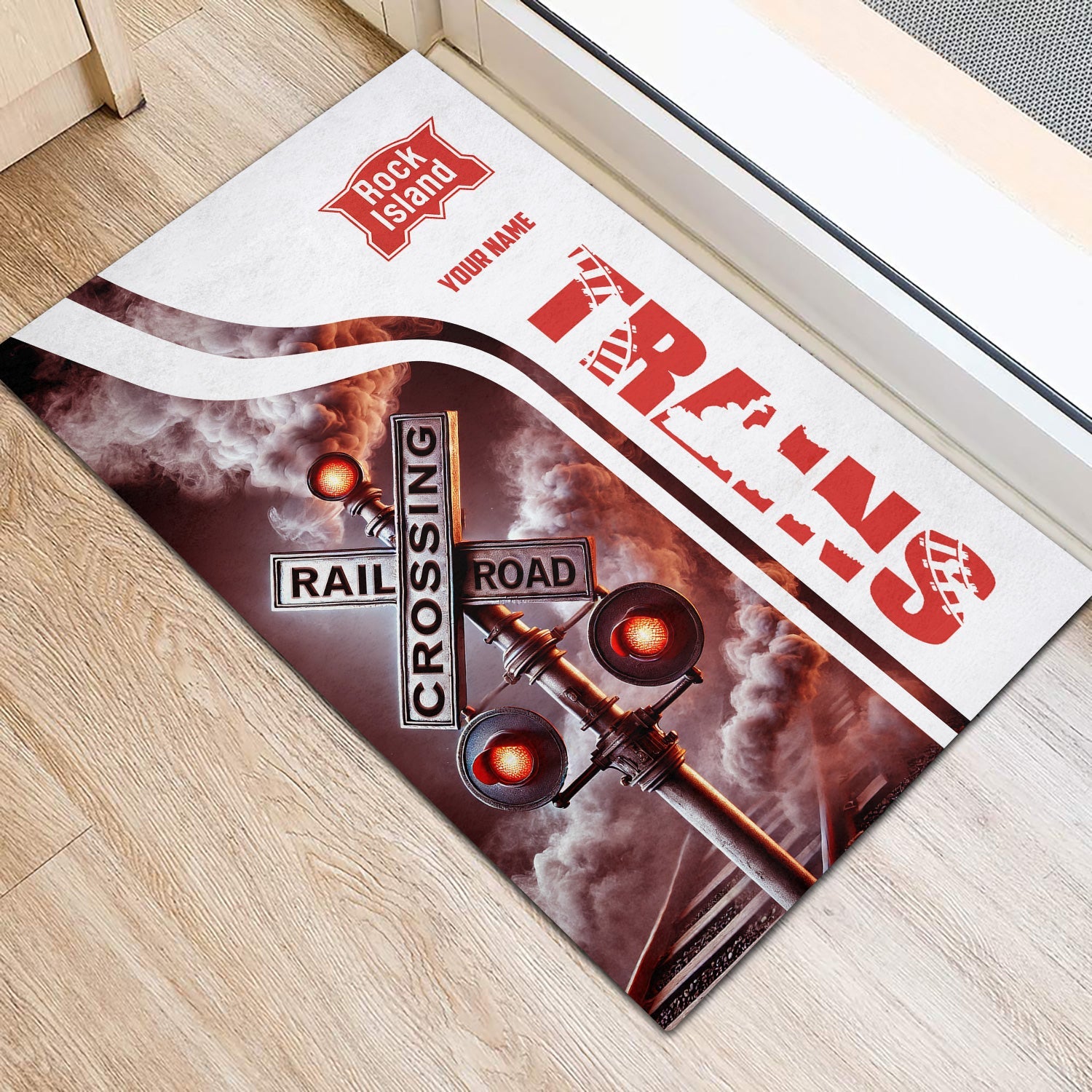 Railspirit Personalized Chicago, Rock Island and Pacific Railroad Doormat Railroad Crossing Sign Rock Island Railroad Mat All Over Print